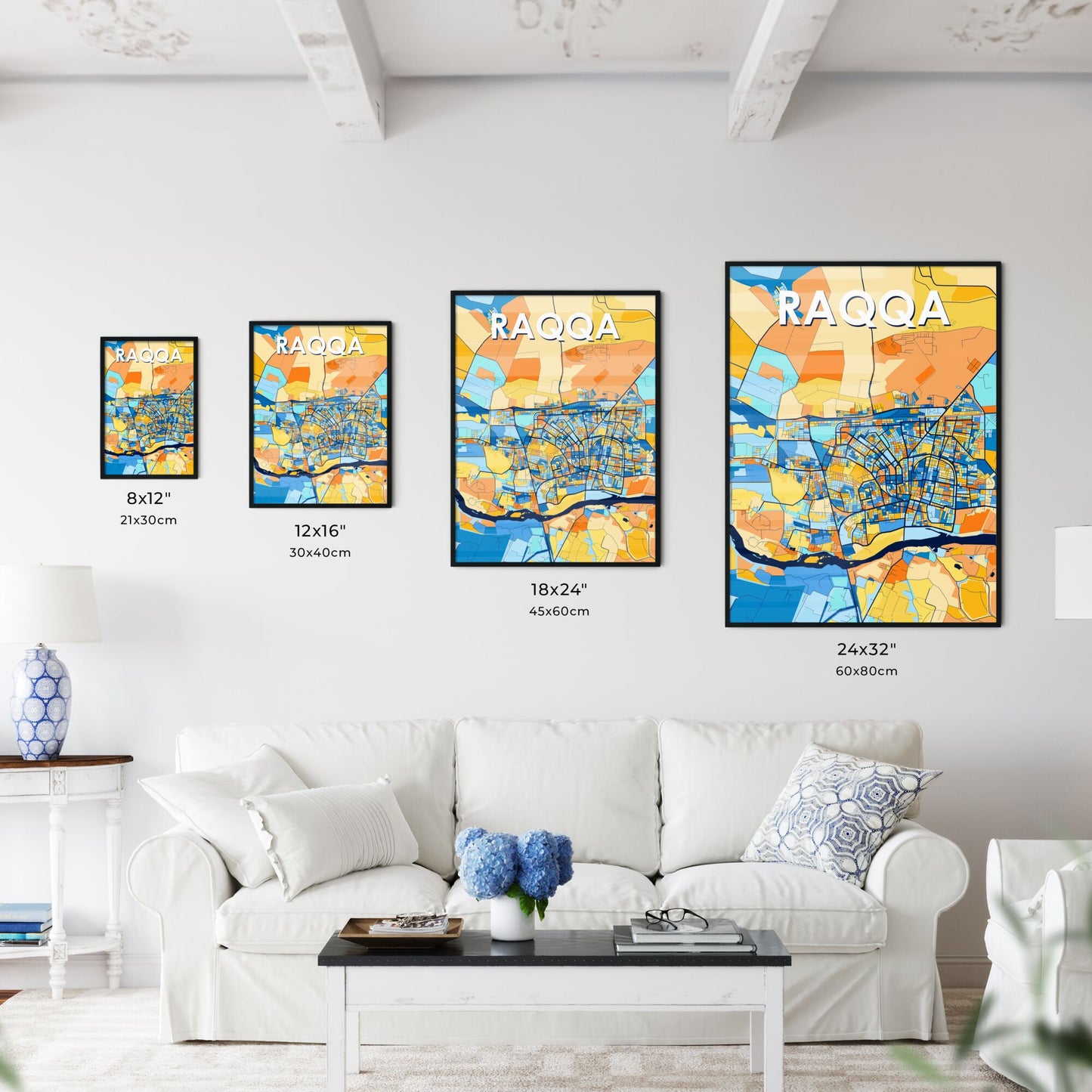 RAQQA SYRIA Vibrant Colorful Art Map Poster Blue Orange