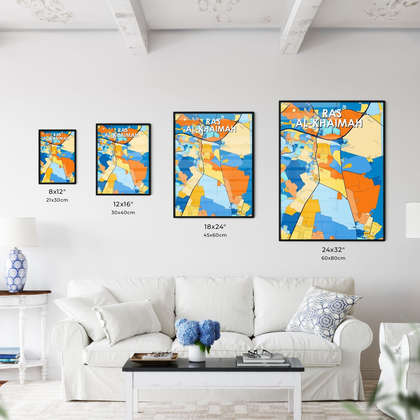 RAS AL-KHAIMAH UNITED ARAB EMIRATES Vibrant Colorful Art Map Poster Blue Orange