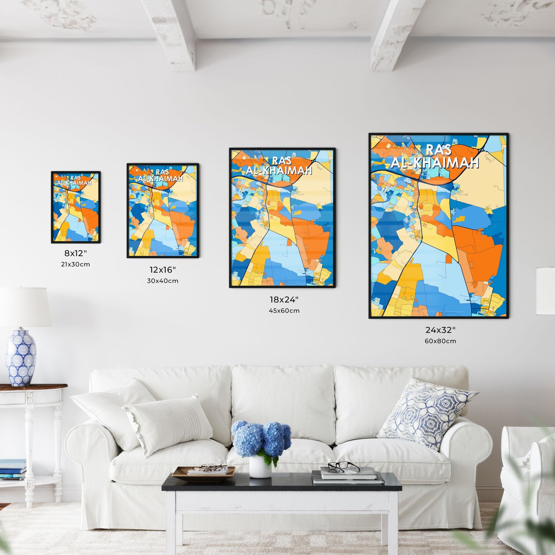 RAS AL-KHAIMAH UNITED ARAB EMIRATES Vibrant Colorful Art Map Poster Blue Orange