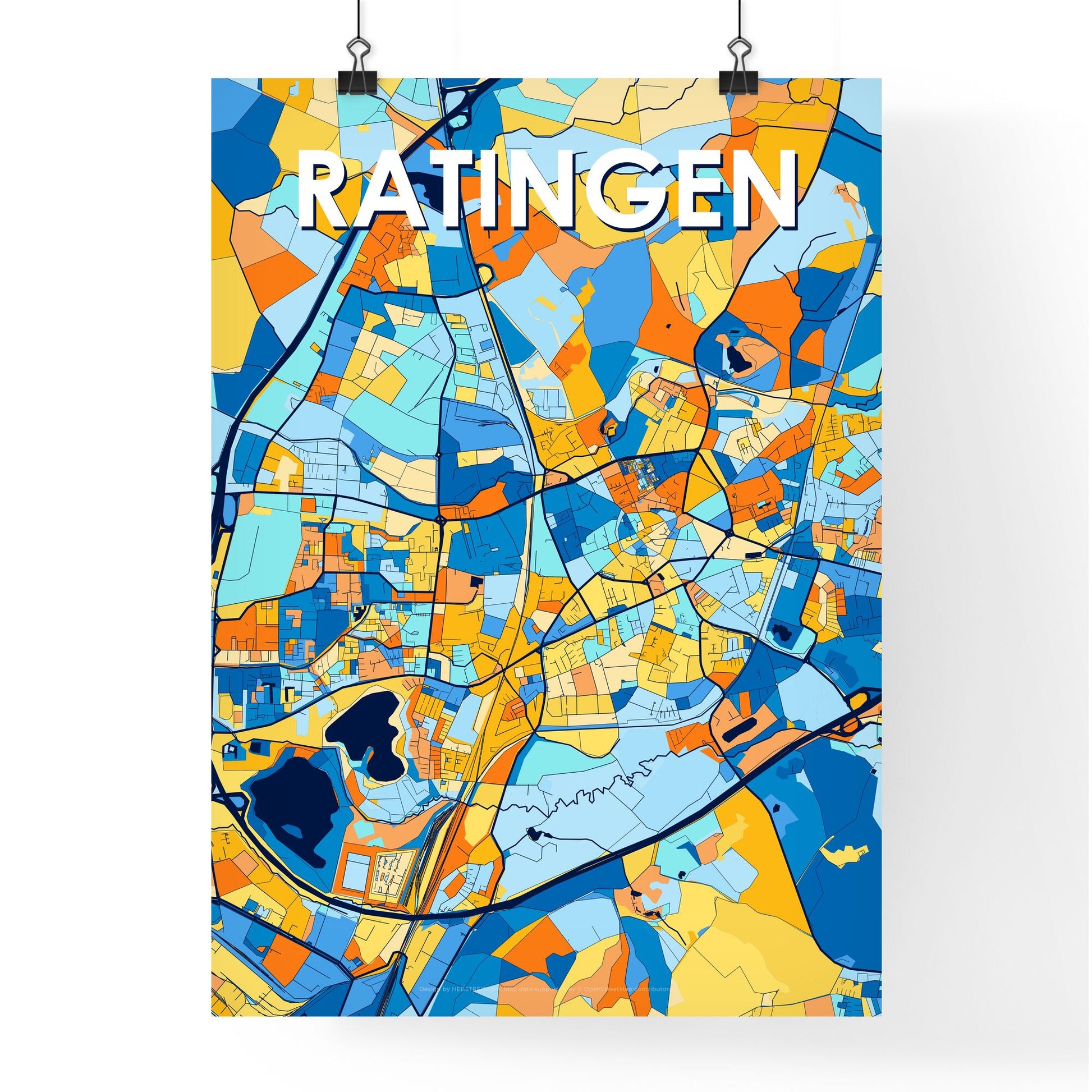 RATINGEN GERMANY Vibrant Colorful Art Map Poster Blue Orange