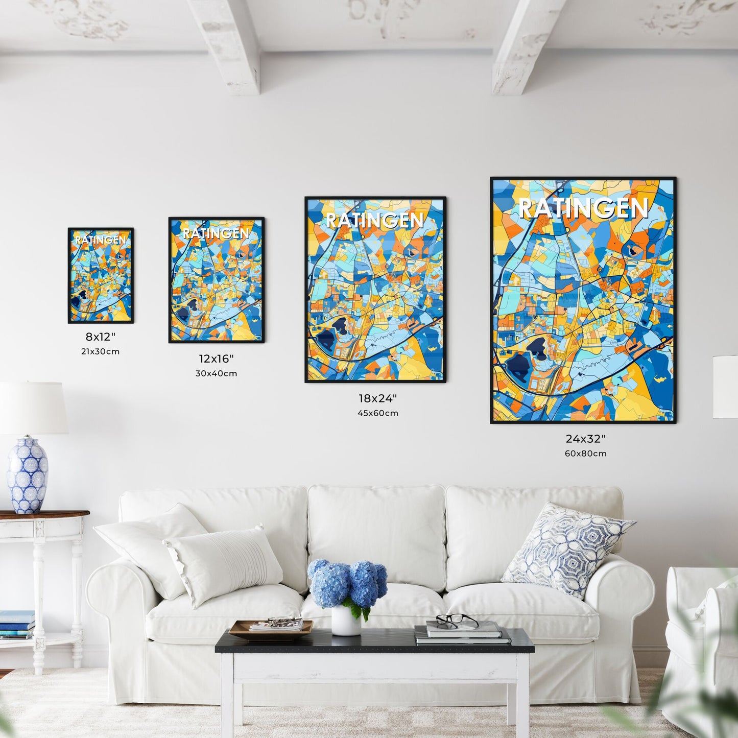 RATINGEN GERMANY Vibrant Colorful Art Map Poster Blue Orange