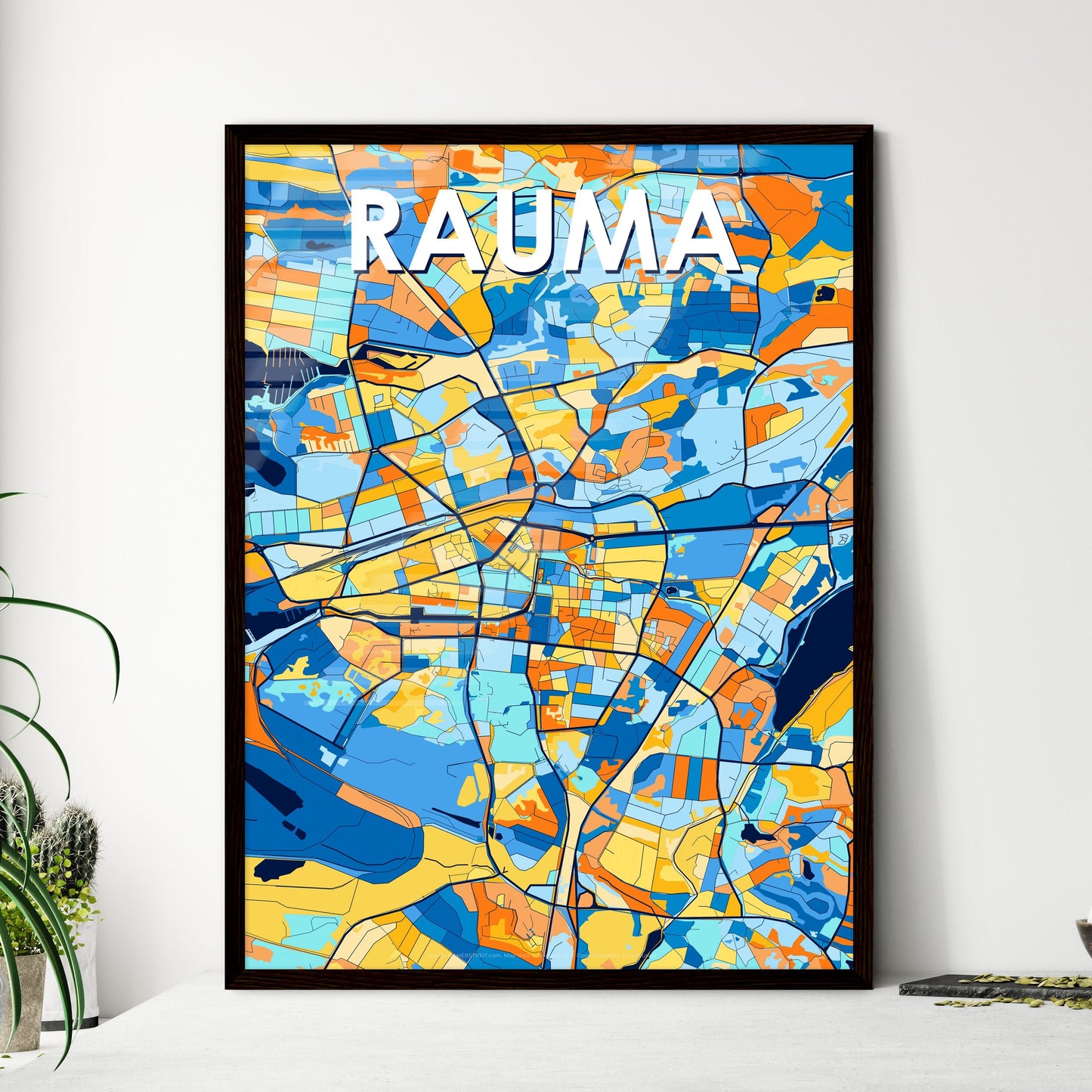 RAUMA FINLAND Vibrant Colorful Art Map Poster Blue Orange