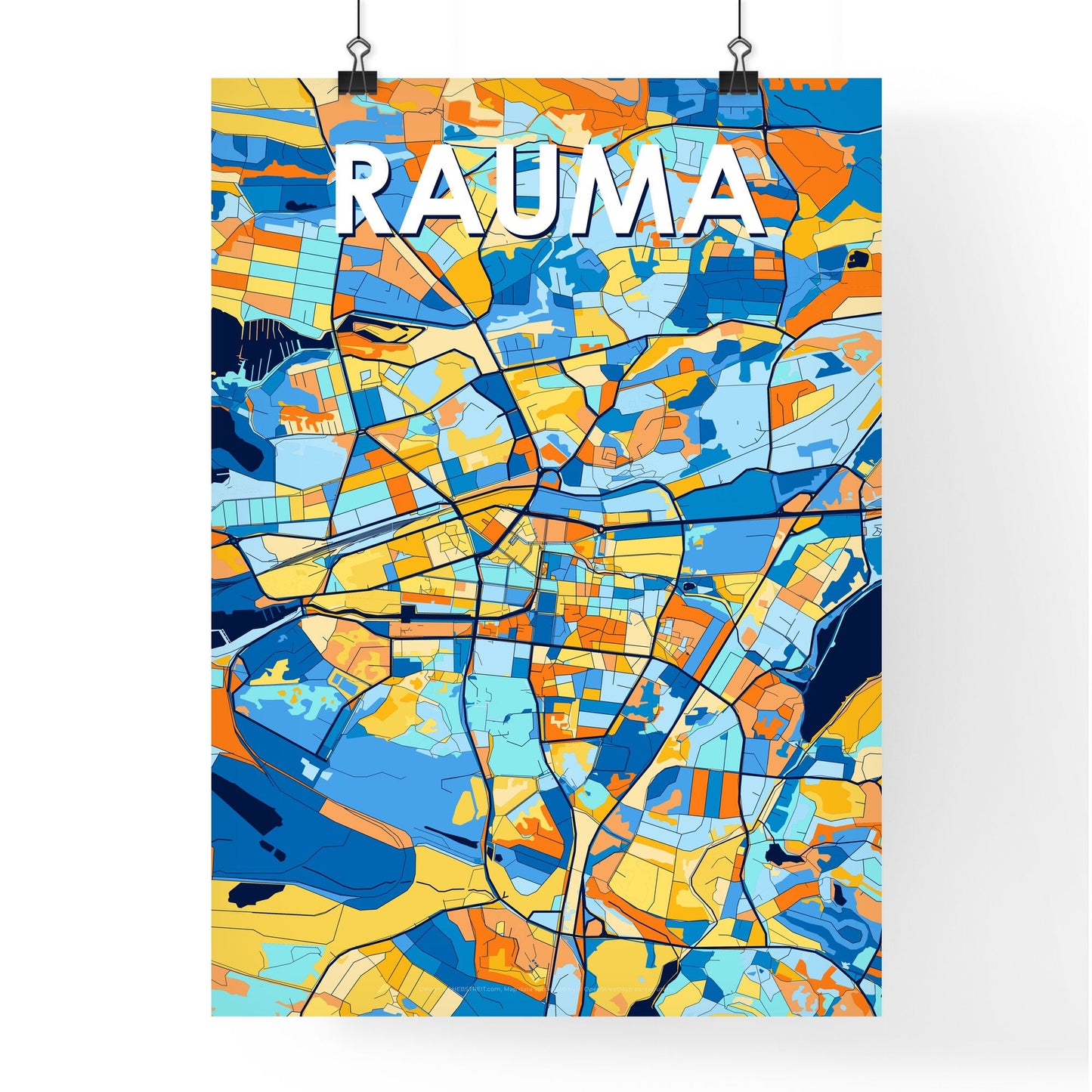 RAUMA FINLAND Vibrant Colorful Art Map Poster Blue Orange