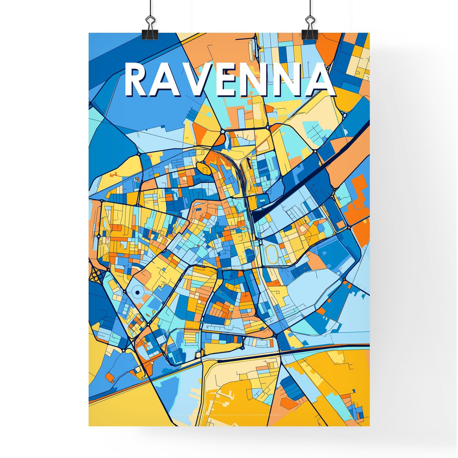 RAVENNA ITALY Vibrant Colorful Art Map Poster Blue Orange