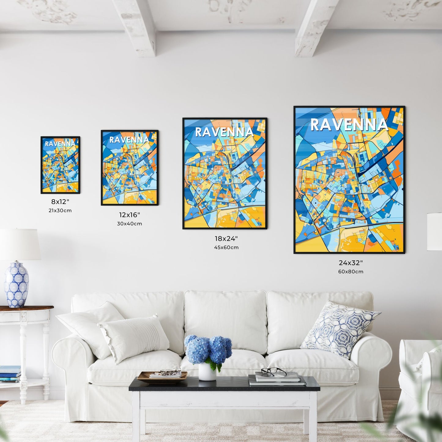 RAVENNA ITALY Vibrant Colorful Art Map Poster Blue Orange