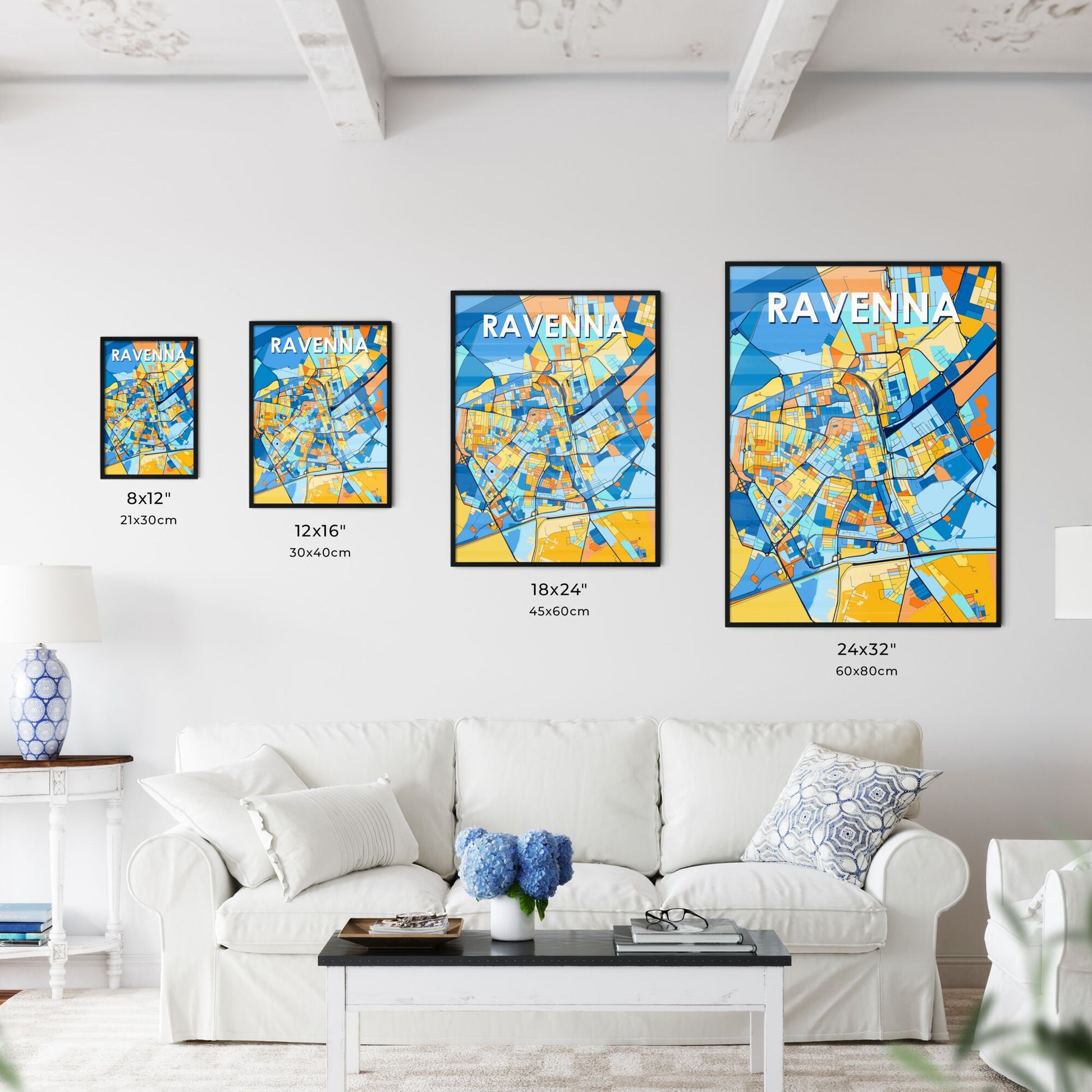 RAVENNA ITALY Vibrant Colorful Art Map Poster Blue Orange