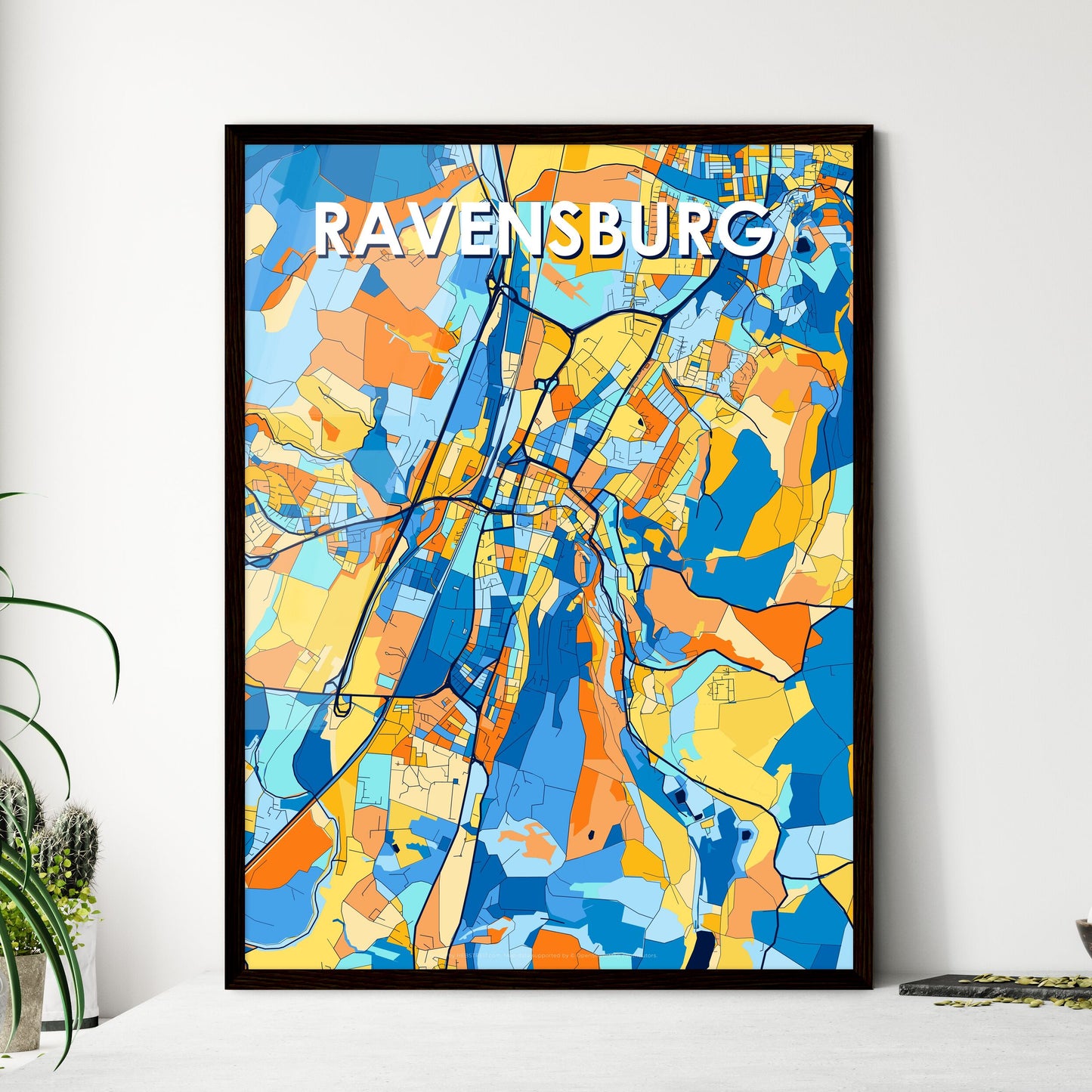 RAVENSBURG GERMANY Vibrant Colorful Art Map Poster Blue Orange