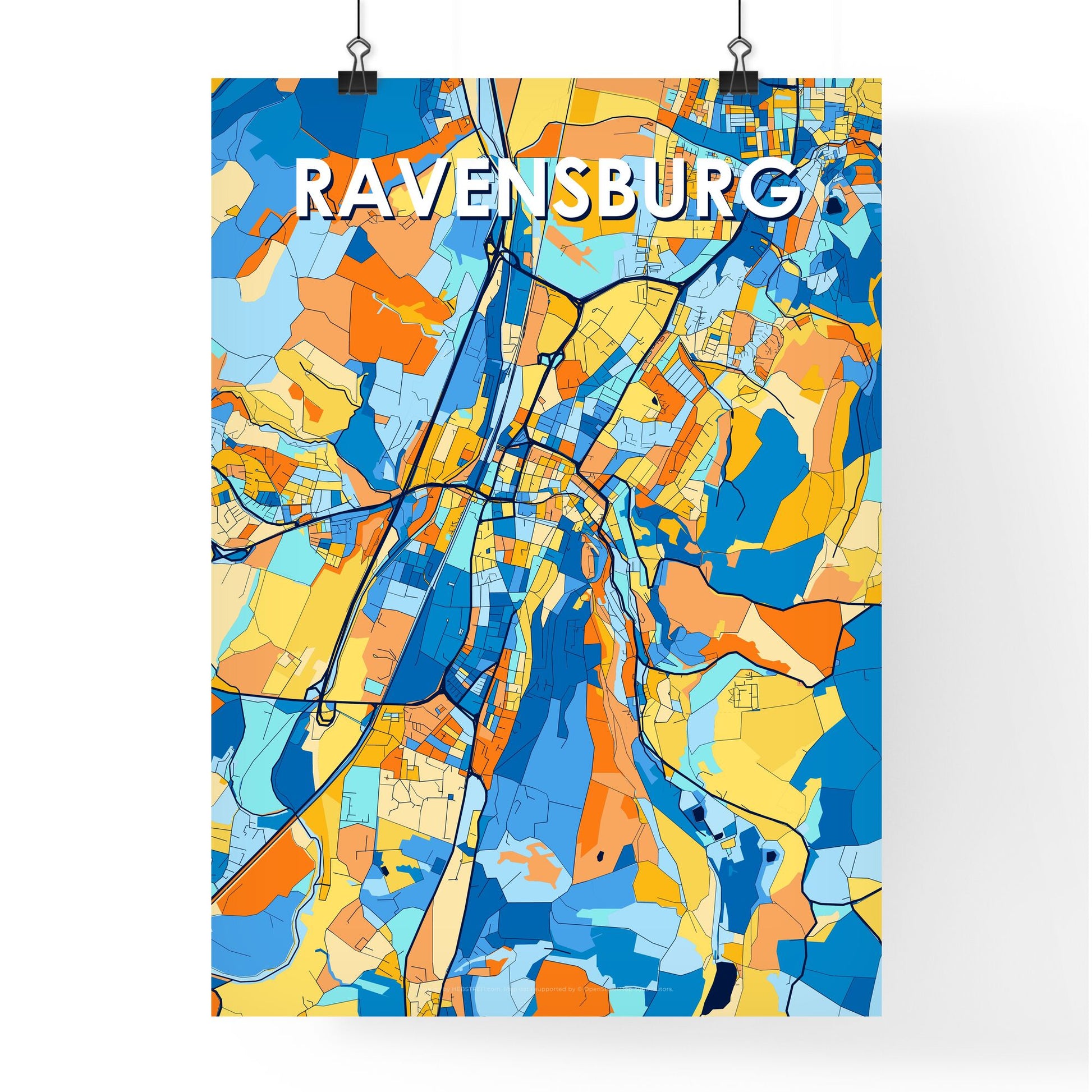 RAVENSBURG GERMANY Vibrant Colorful Art Map Poster Blue Orange