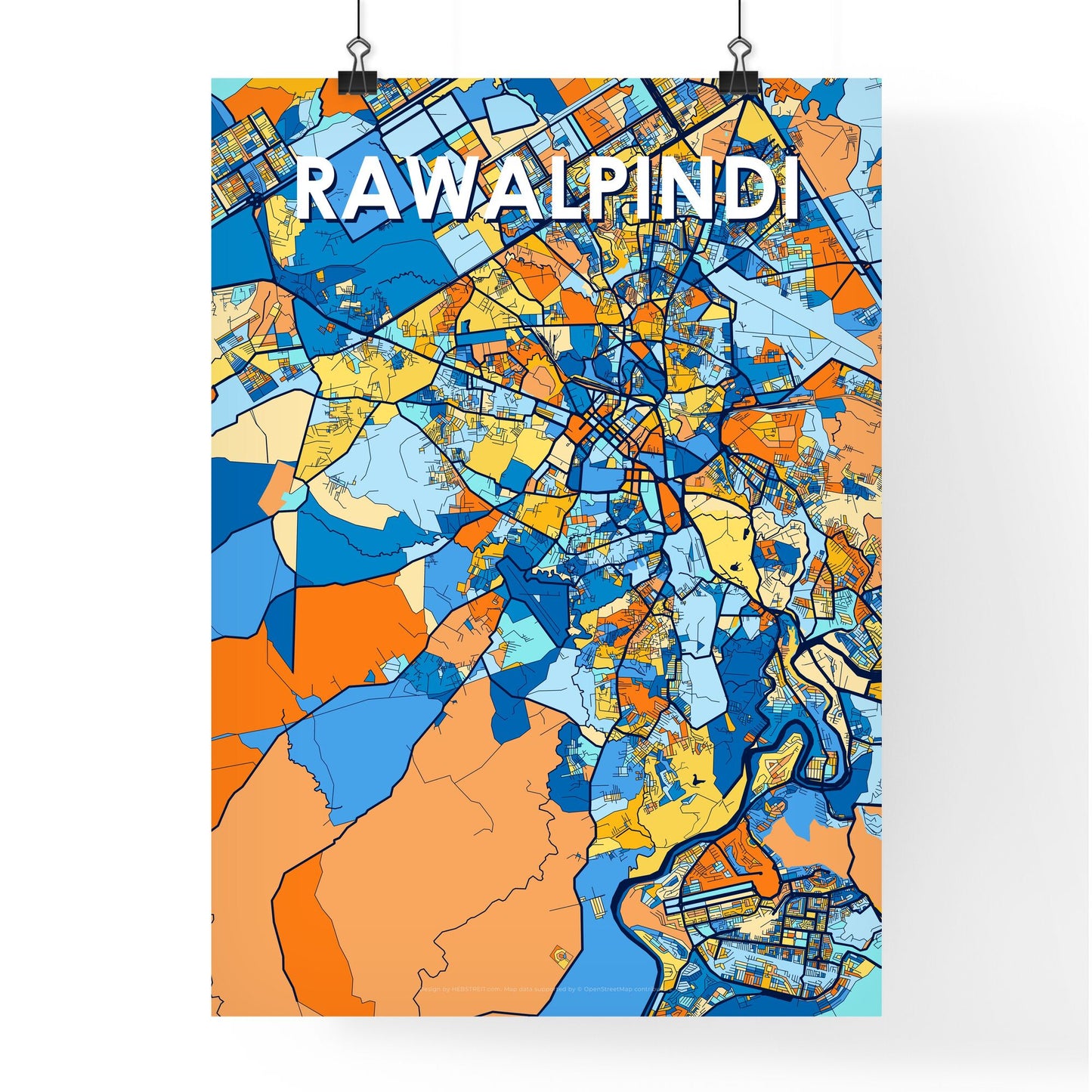 RAWALPINDI PAKISTAN Vibrant Colorful Art Map Poster Blue Orange