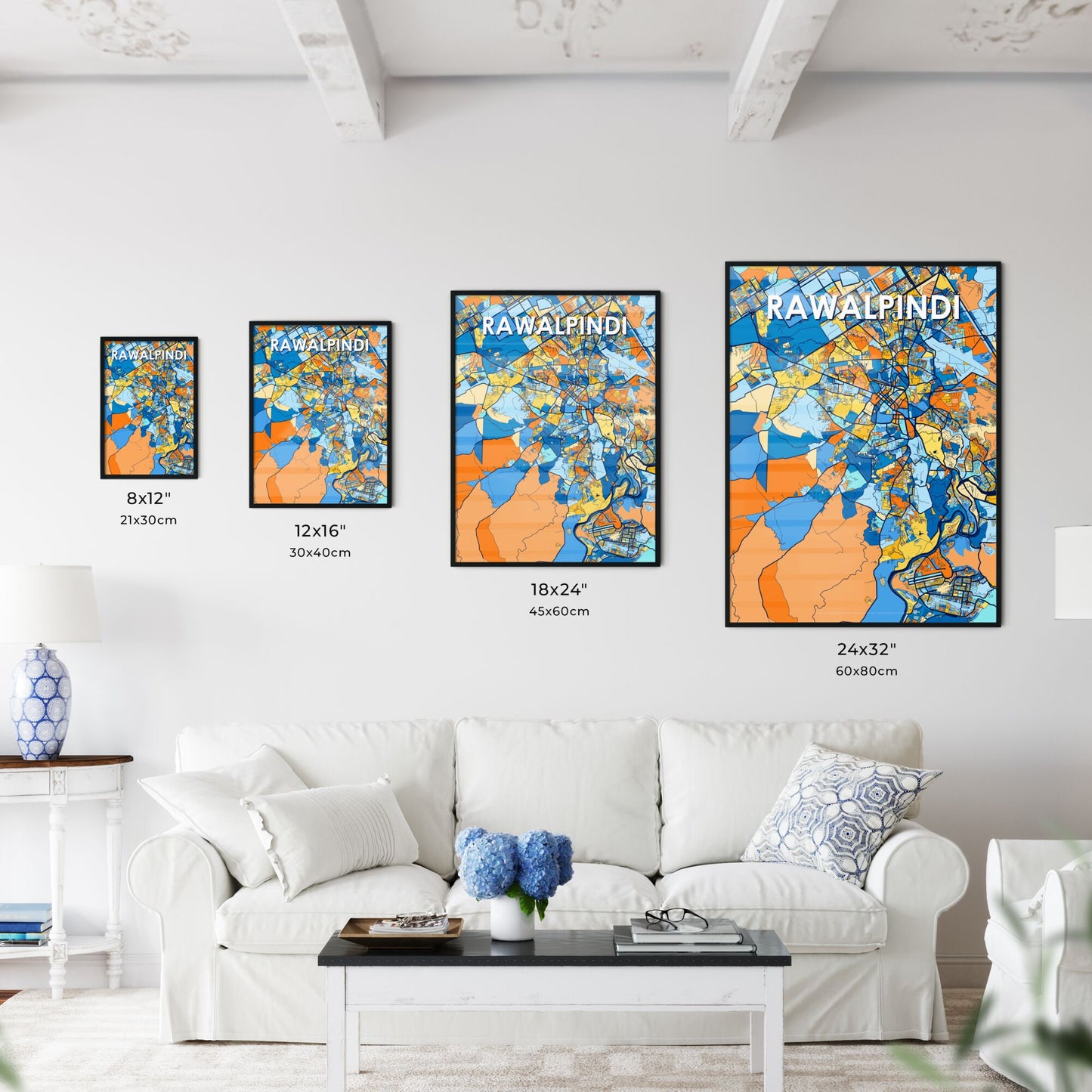 RAWALPINDI PAKISTAN Vibrant Colorful Art Map Poster Blue Orange