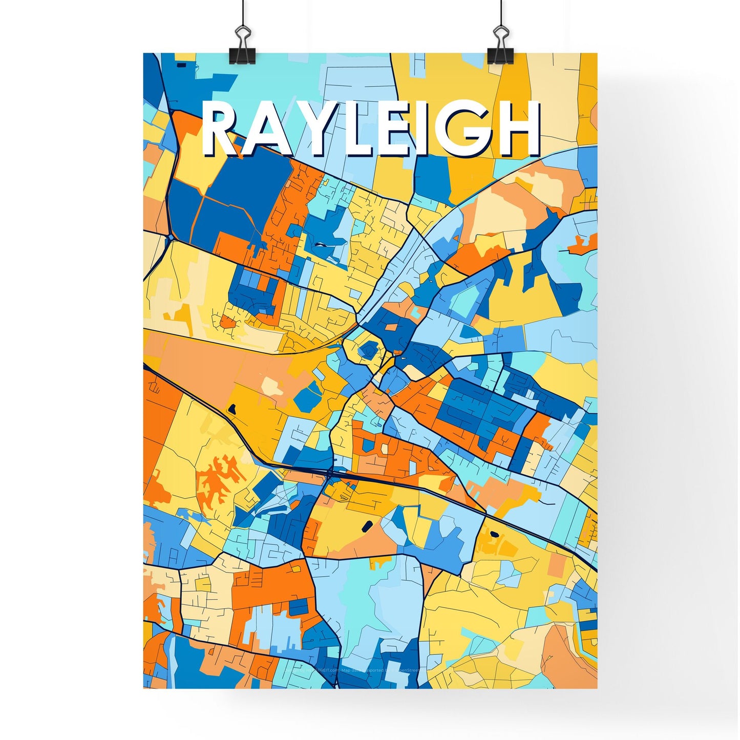 RAYLEIGH ENGLAND Vibrant Colorful Art Map Poster Blue Orange