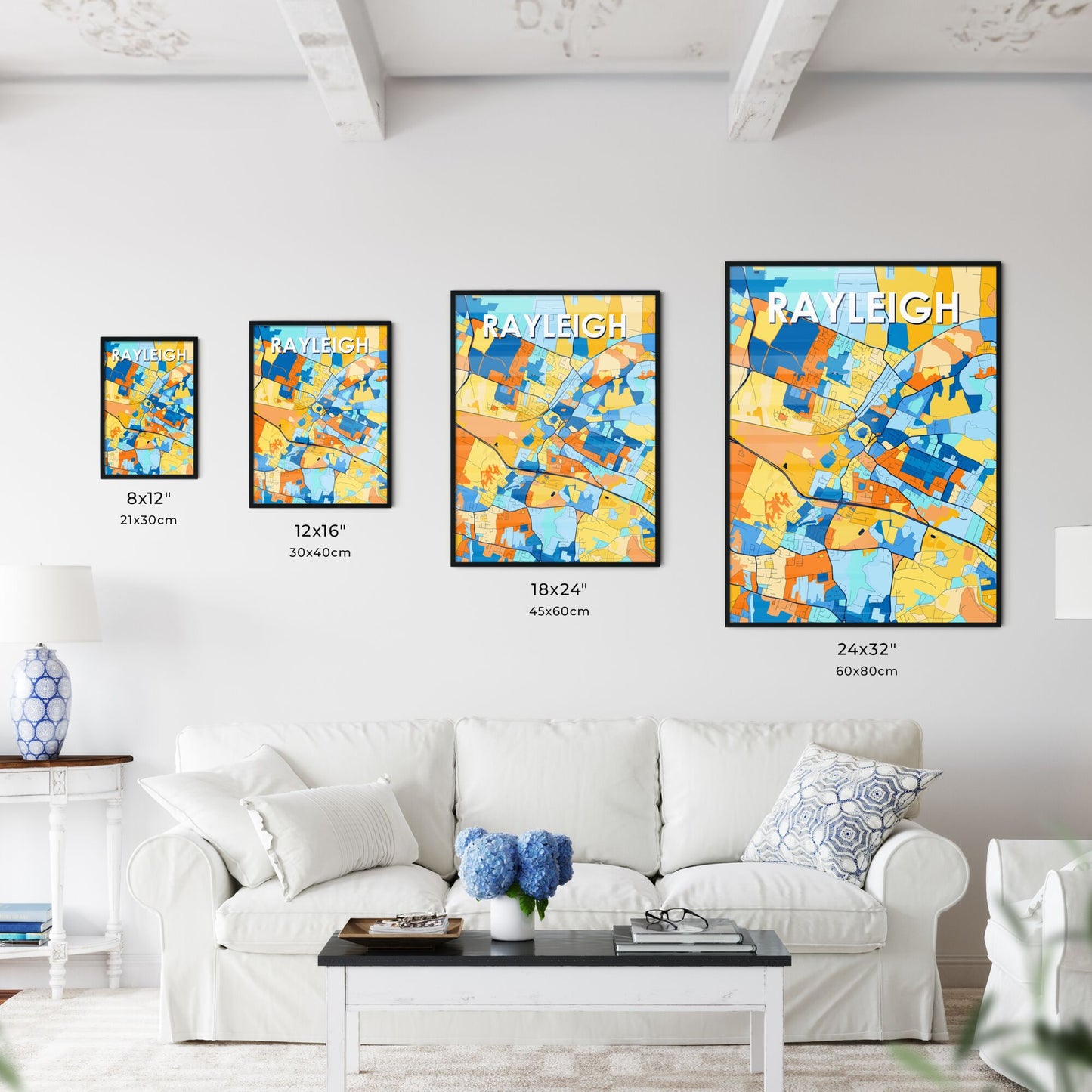 RAYLEIGH ENGLAND Vibrant Colorful Art Map Poster Blue Orange