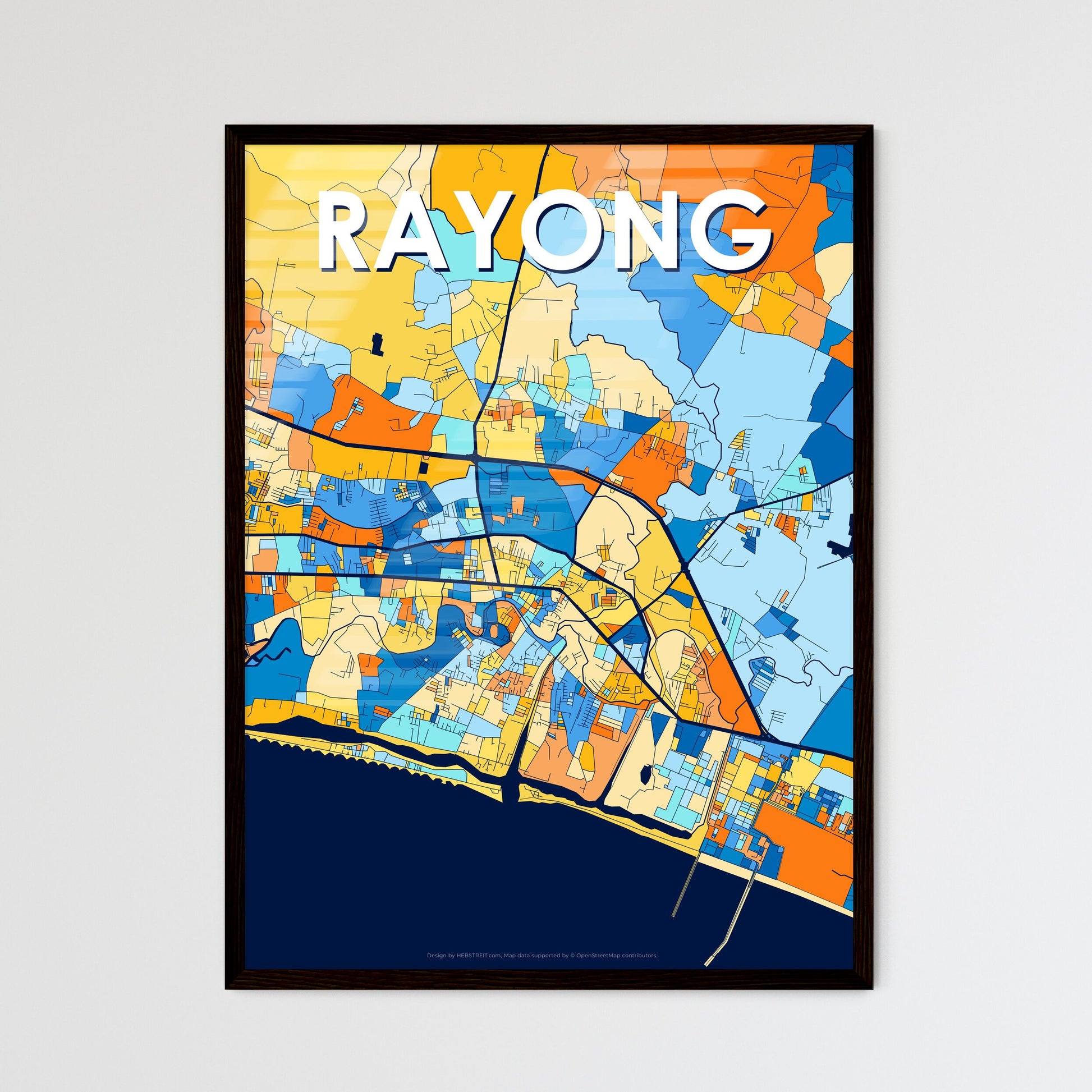 RAYONG THAILAND Vibrant Colorful Art Map Poster Blue Orange