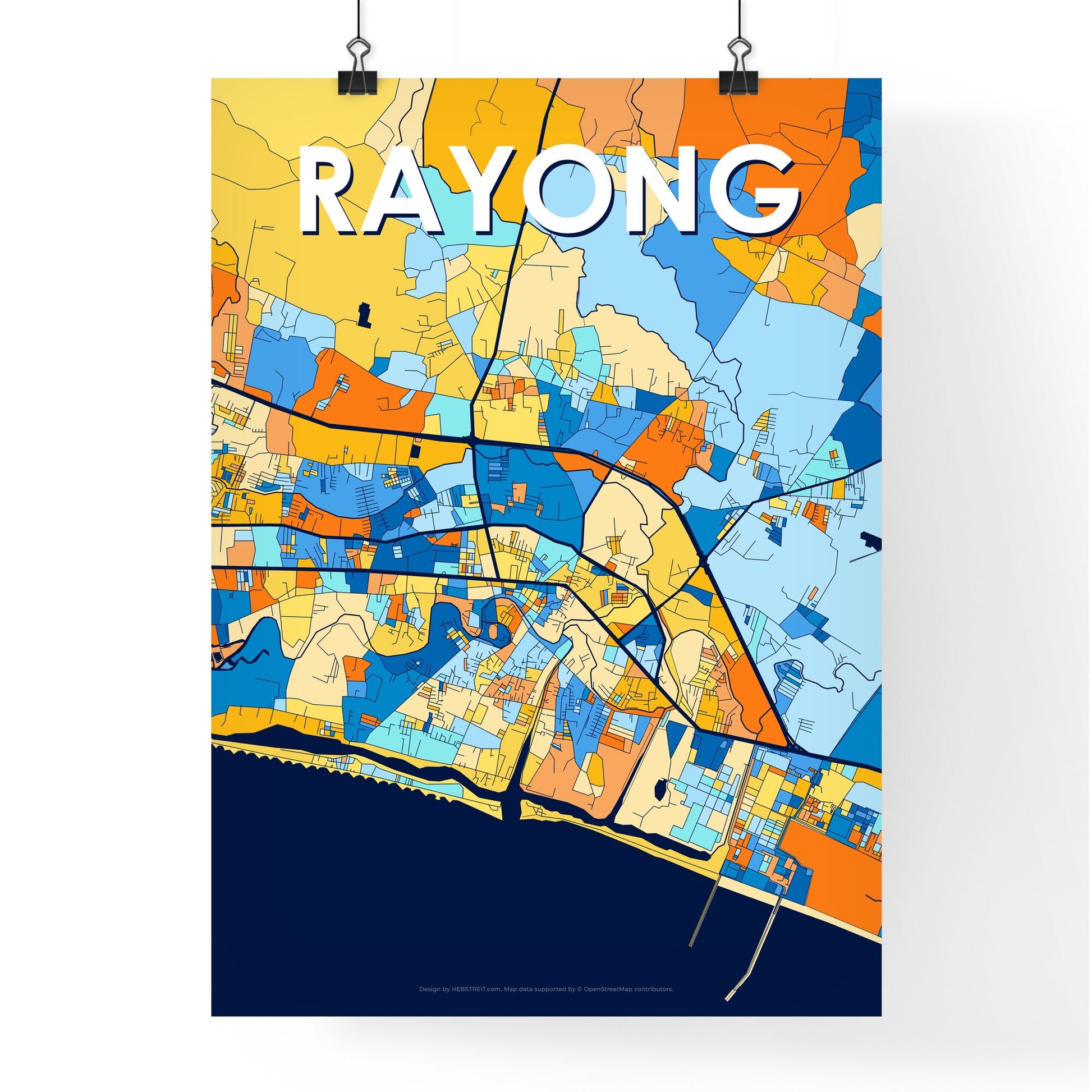 RAYONG THAILAND Vibrant Colorful Art Map Poster Blue Orange