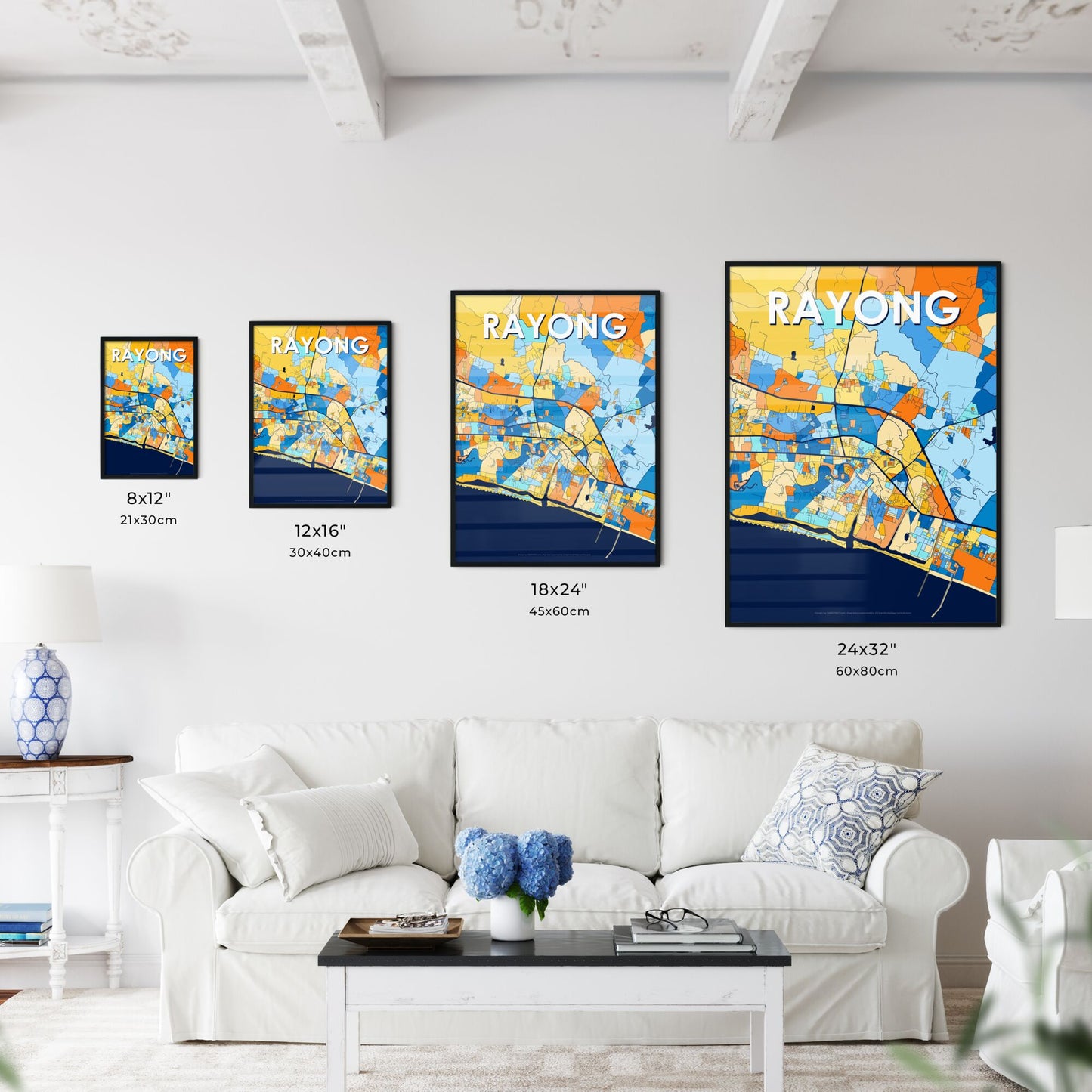 RAYONG THAILAND Vibrant Colorful Art Map Poster Blue Orange