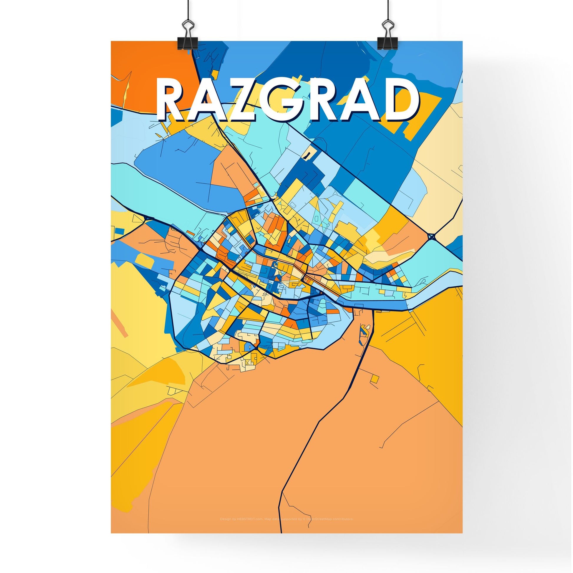 RAZGRAD BULGARIA Vibrant Colorful Art Map Poster Blue Orange