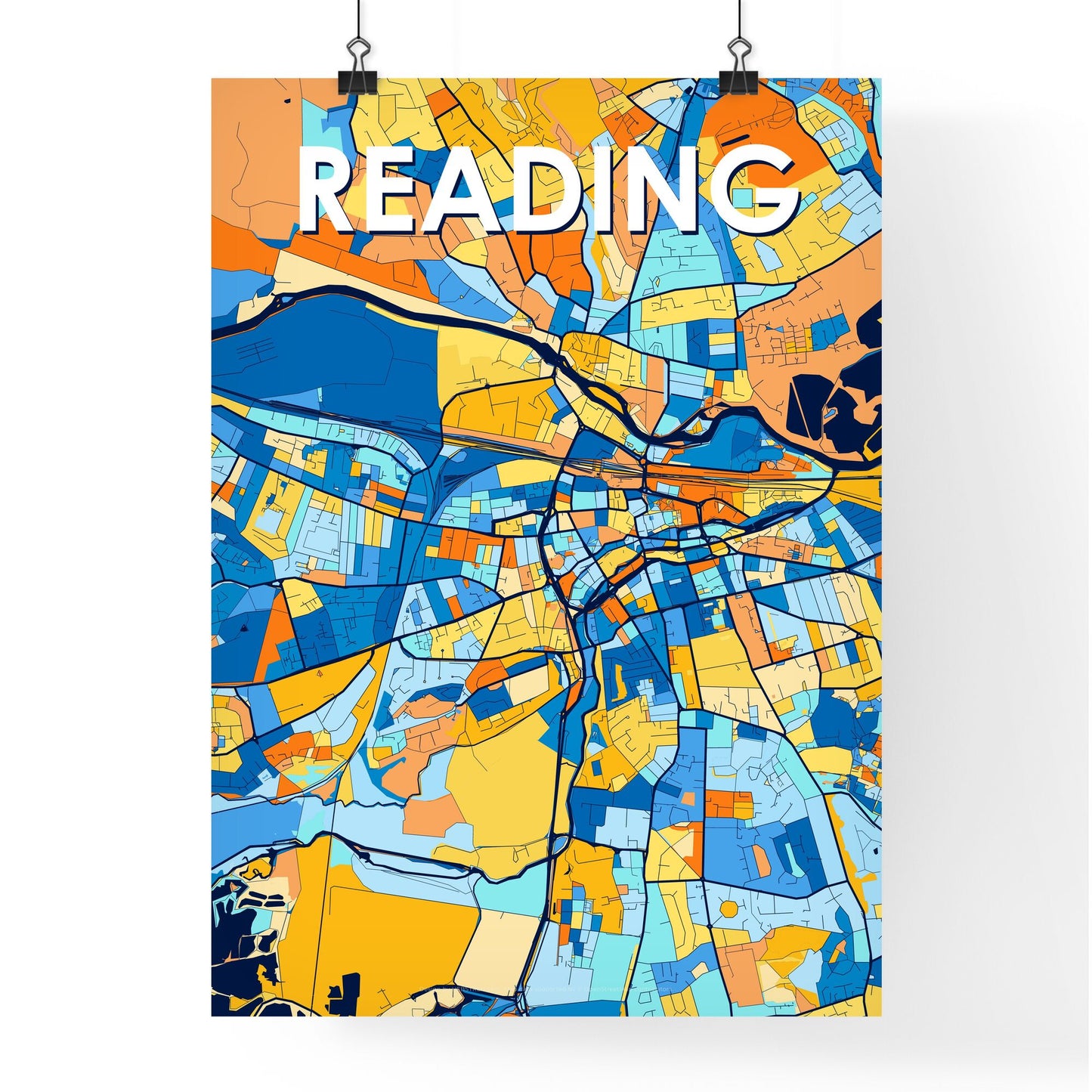 READING ENGLAND Vibrant Colorful Art Map Poster Blue Orange