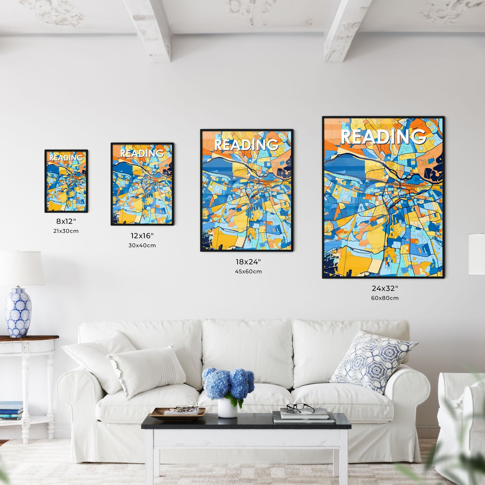 READING ENGLAND Vibrant Colorful Art Map Poster Blue Orange