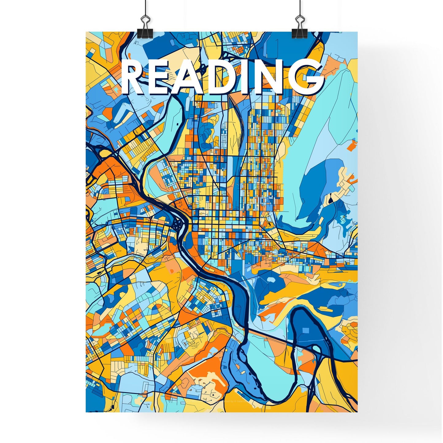 READING PENNSYLVANIA Vibrant Colorful Art Map Poster Blue Orange