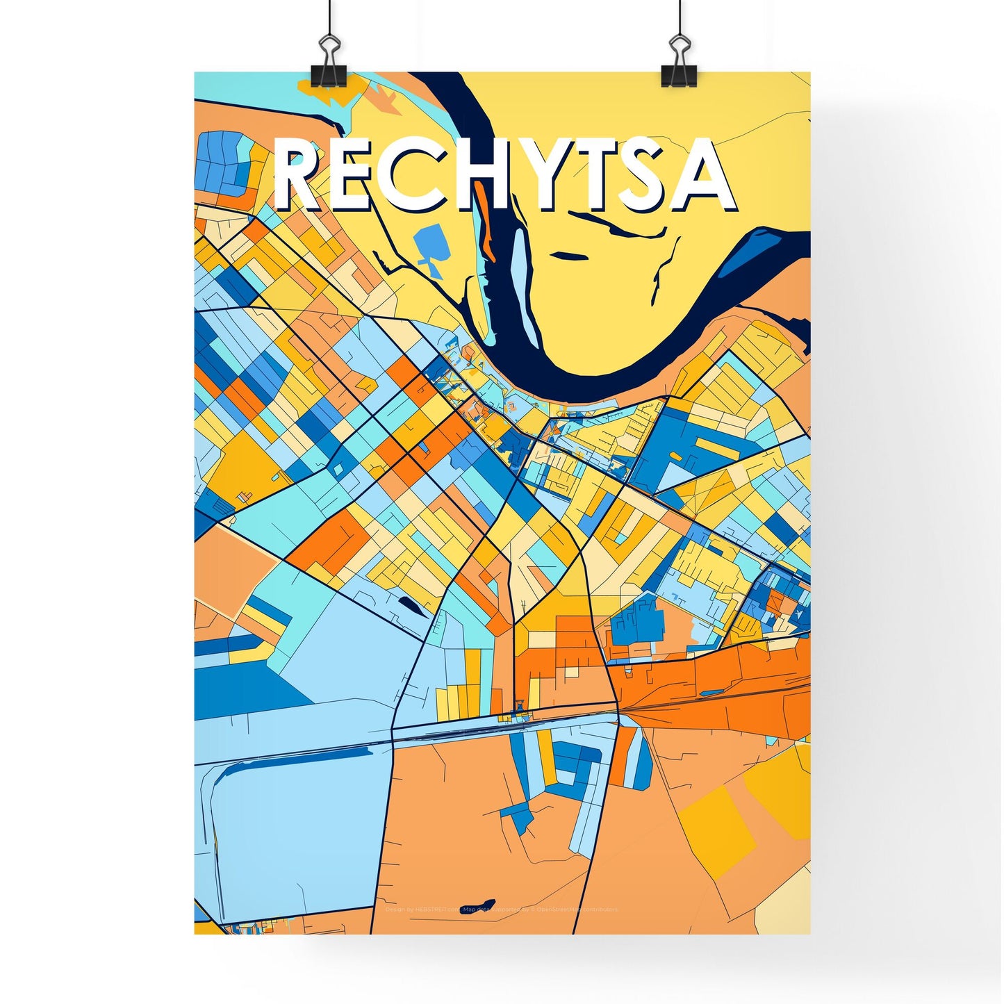 RECHYTSA BELARUS Vibrant Colorful Art Map Poster Blue Orange