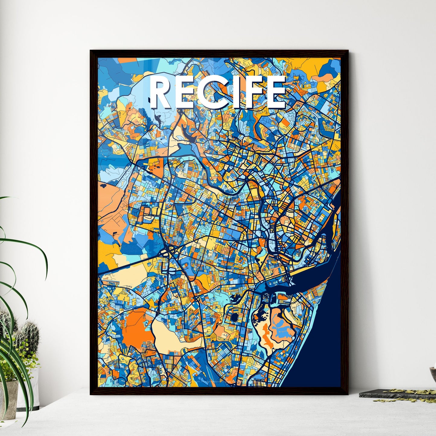 RECIFE BRAZIL Vibrant Colorful Art Map Poster Blue Orange