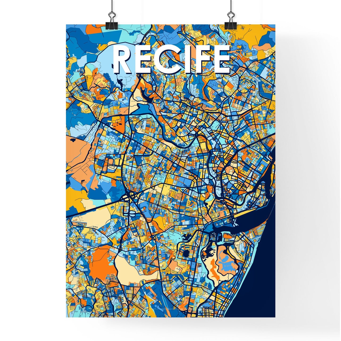 RECIFE BRAZIL Vibrant Colorful Art Map Poster Blue Orange