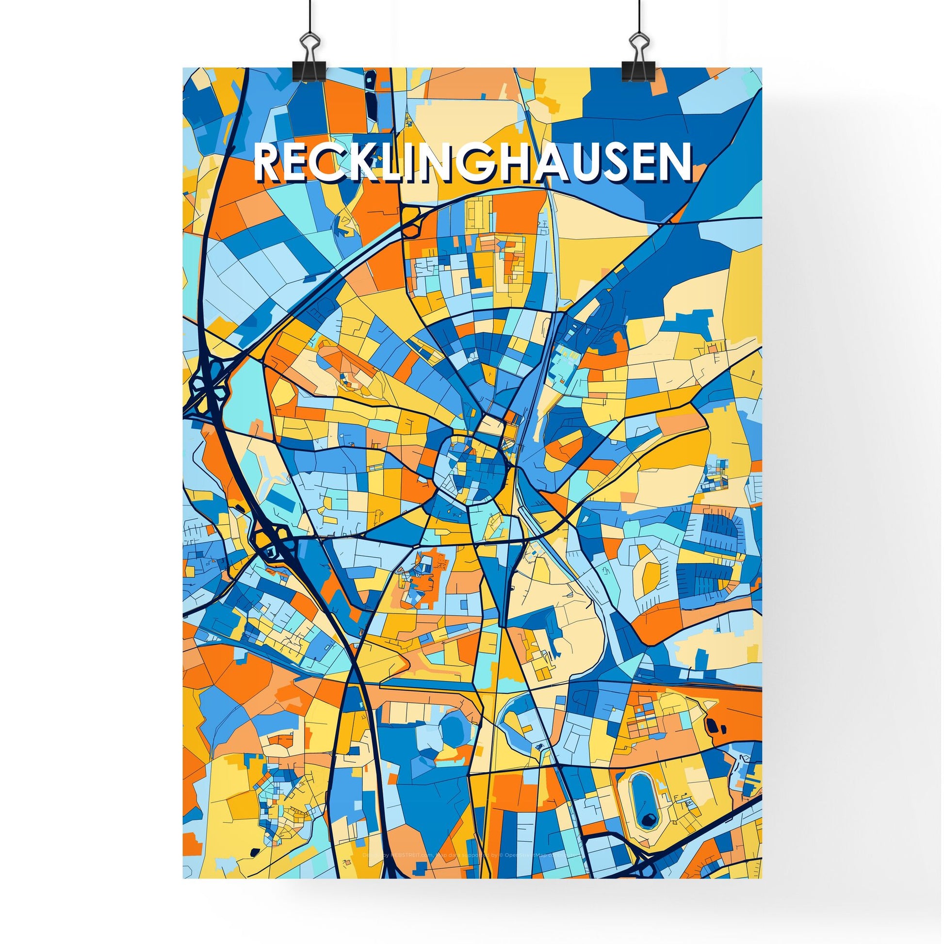 RECKLINGHAUSEN GERMANY Vibrant Colorful Art Map Poster Blue Orange