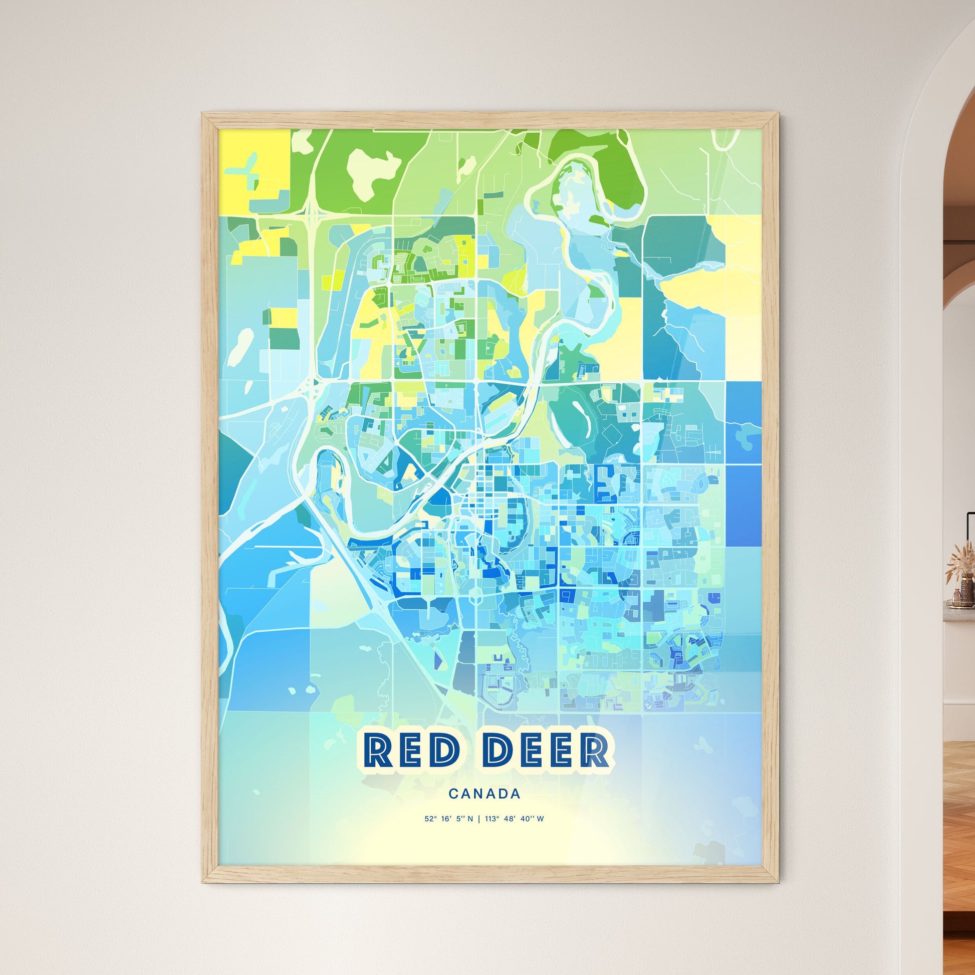 Colorful Red Deer Canada Fine Art Map Cool Blue