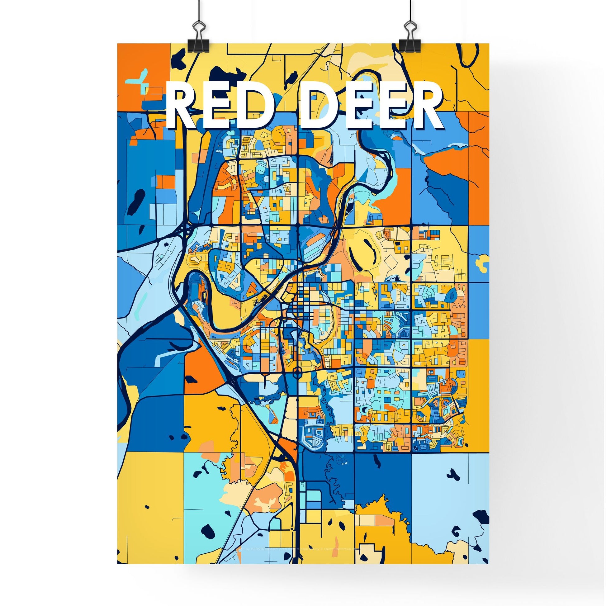 RED DEER CANADA Vibrant Colorful Art Map Poster Blue Orange