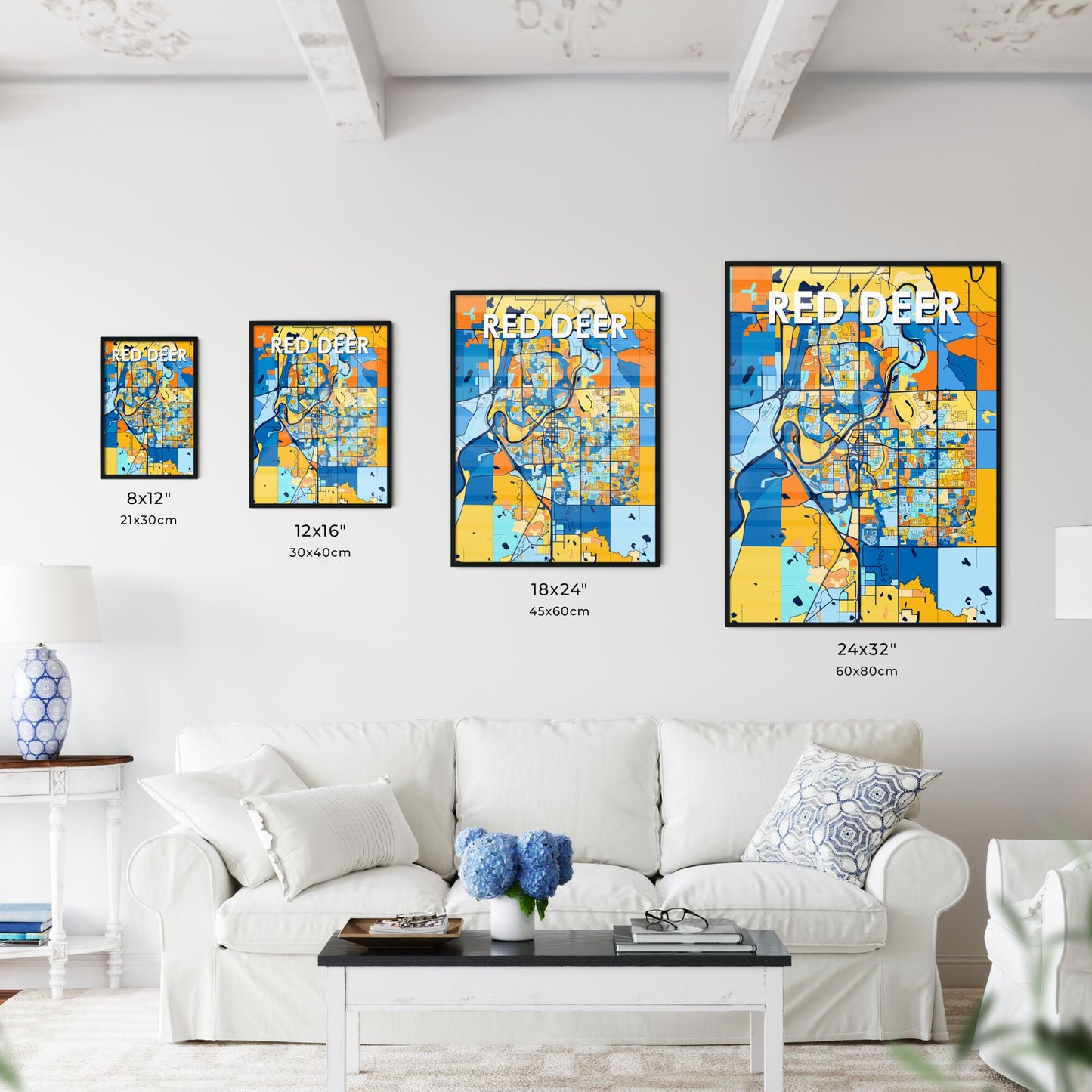 RED DEER CANADA Vibrant Colorful Art Map Poster Blue Orange