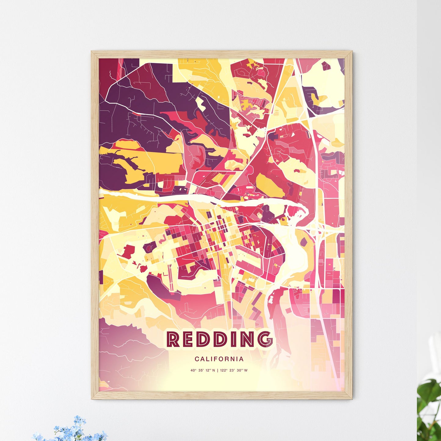 Colorful Redding California Fine Art Map Hot Red