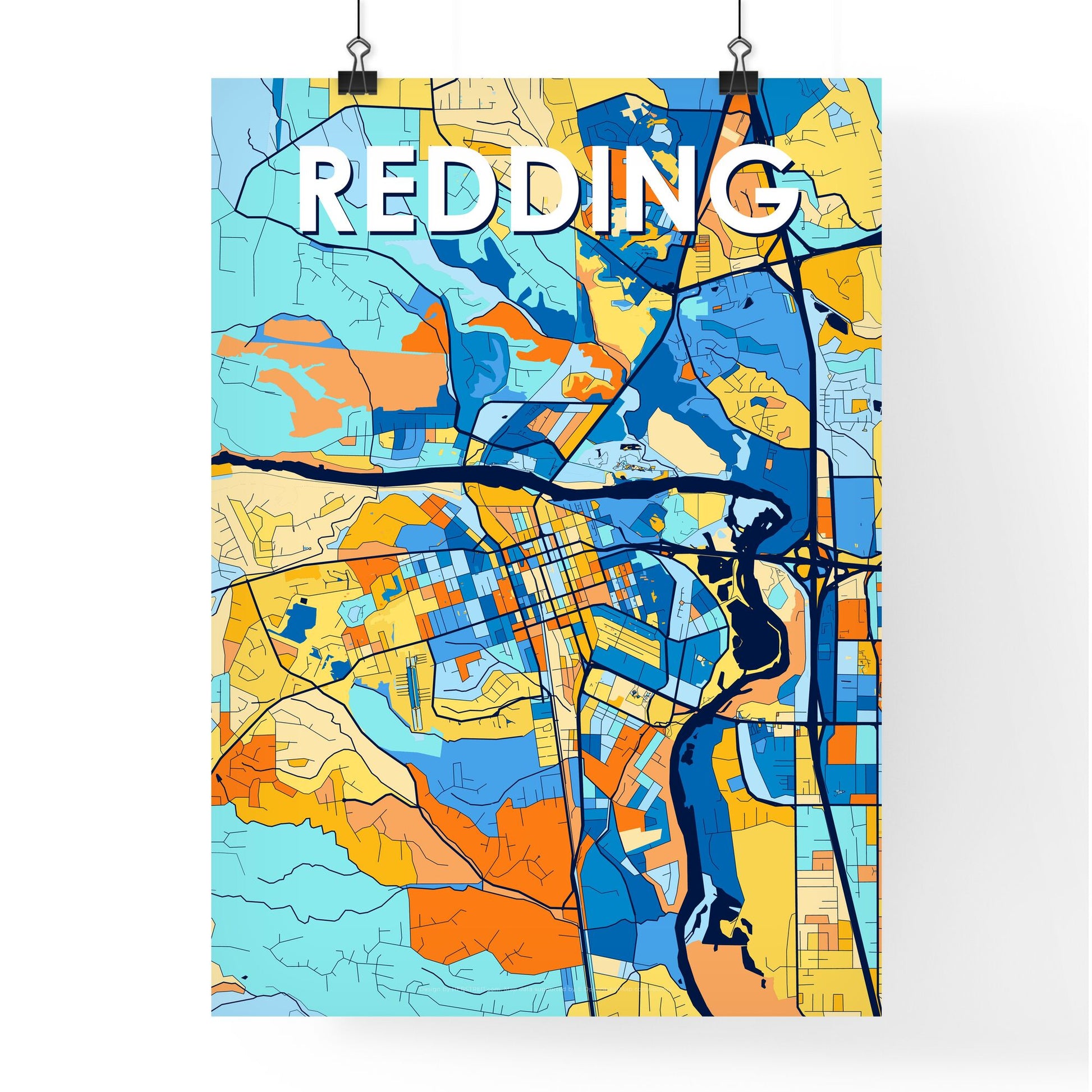 REDDING CALIFORNIA Vibrant Colorful Art Map Poster Blue Orange