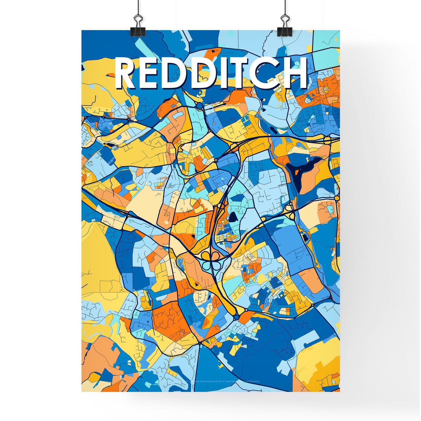 REDDITCH ENGLAND Vibrant Colorful Art Map Poster Blue Orange