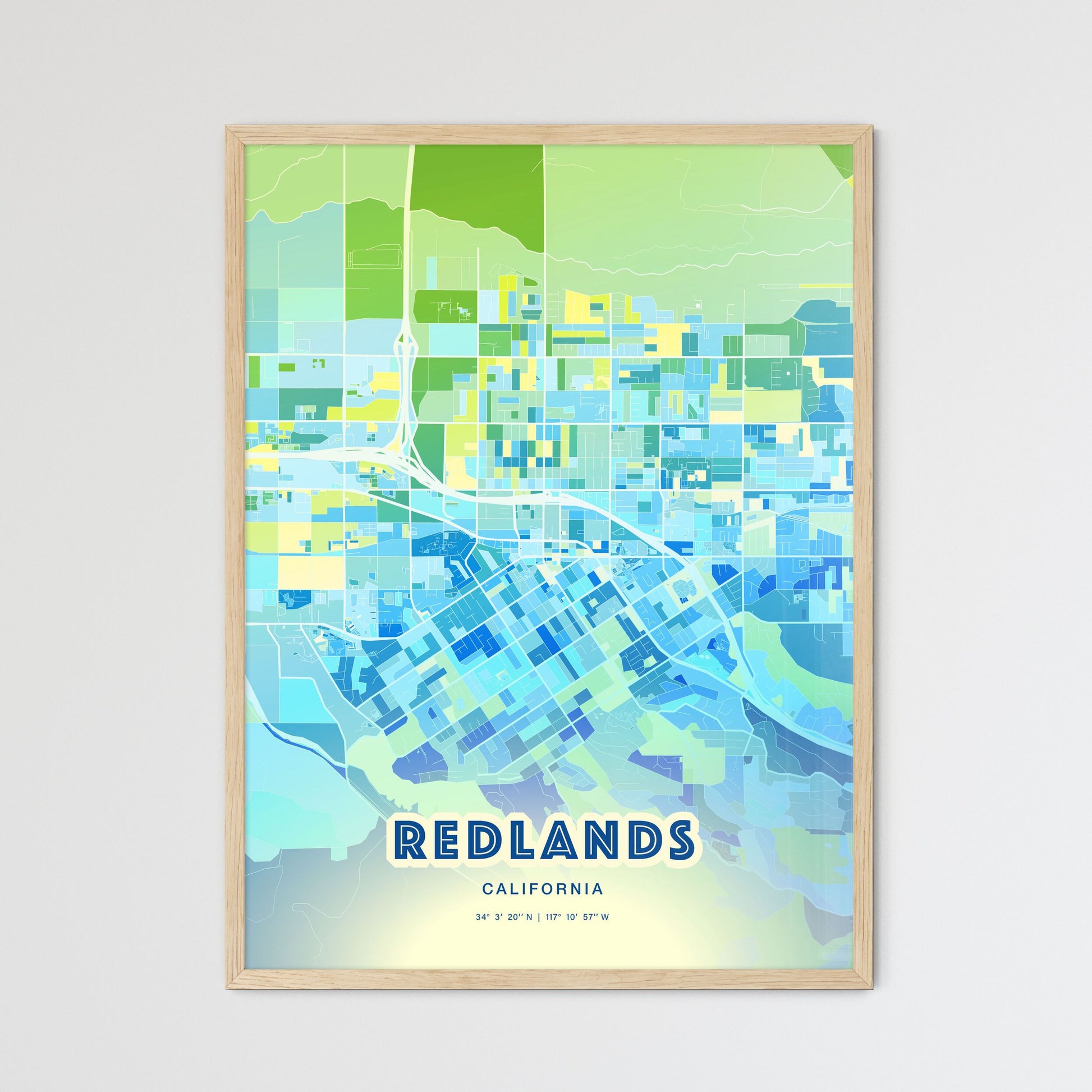 Colorful Redlands California Fine Art Map Cool Blue