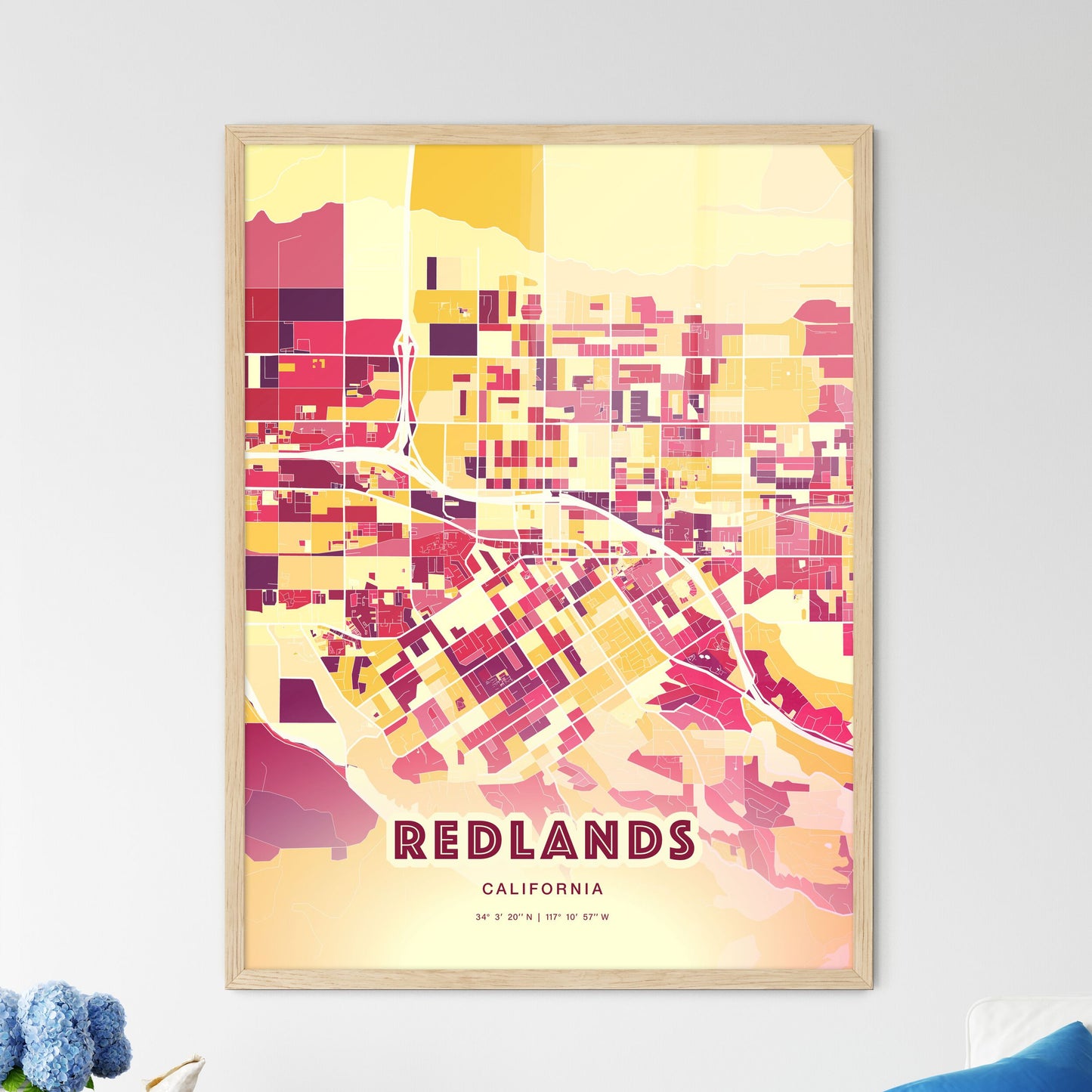 Colorful Redlands California Fine Art Map Hot Red