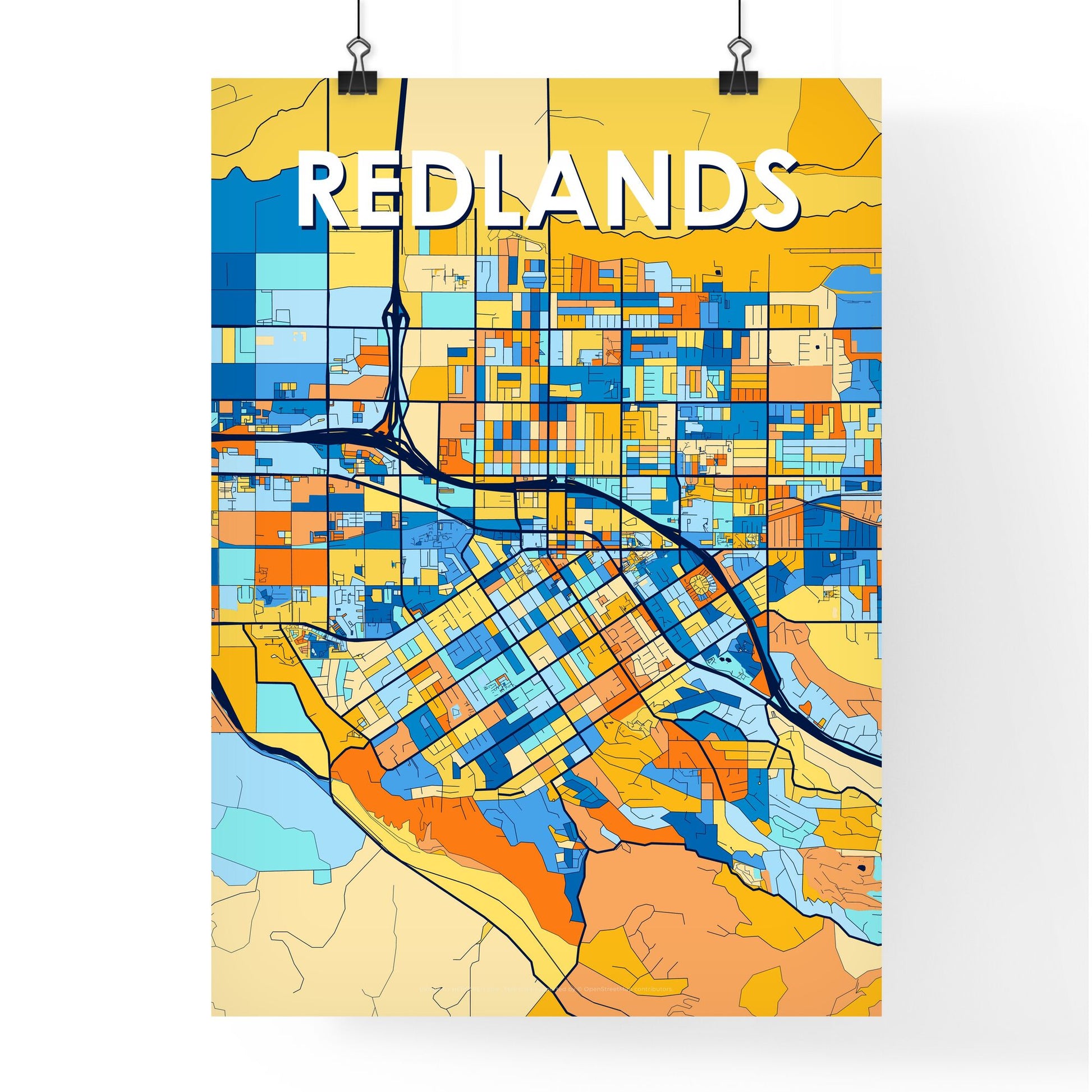 REDLANDS CALIFORNIA Vibrant Colorful Art Map Poster Blue Orange