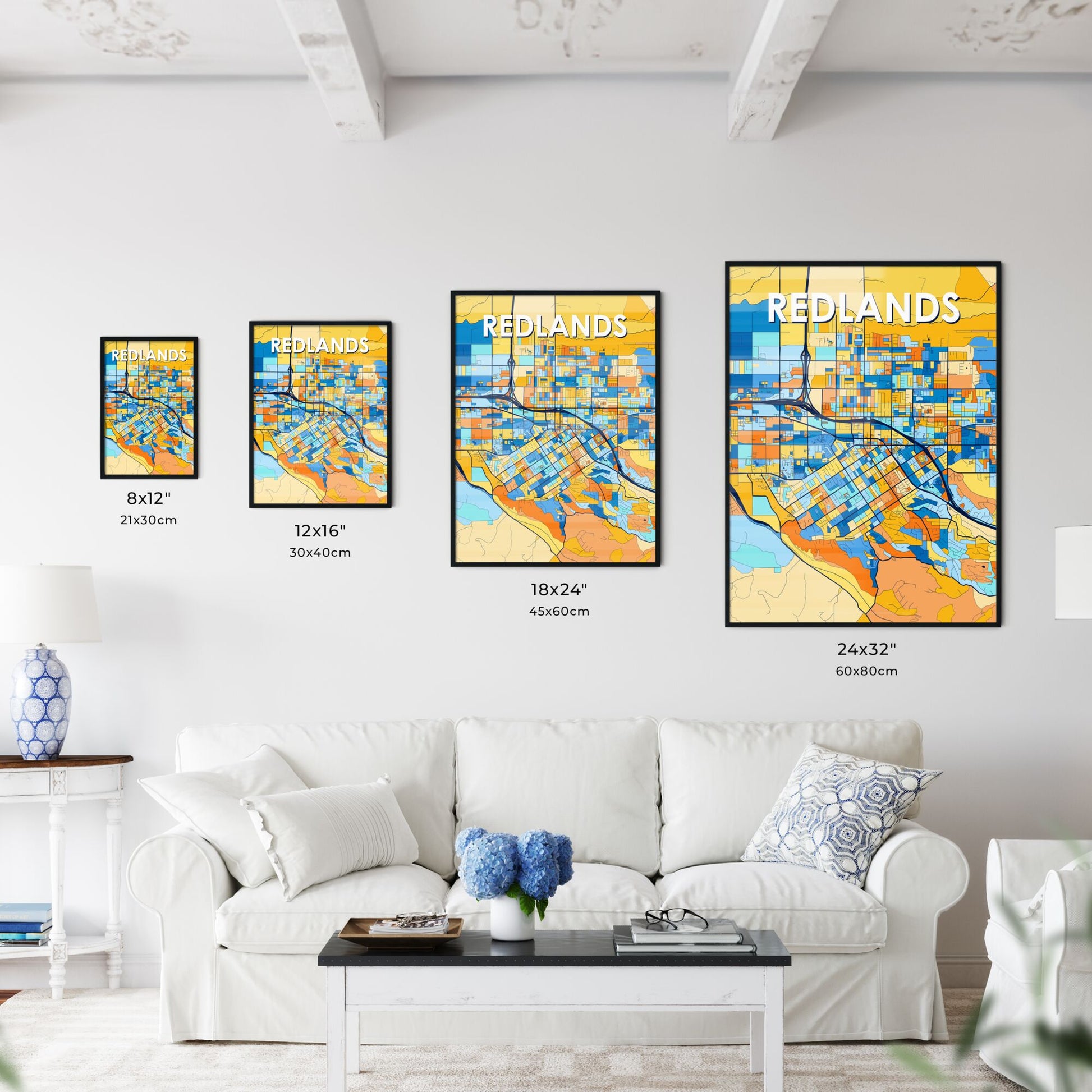 REDLANDS CALIFORNIA Vibrant Colorful Art Map Poster Blue Orange