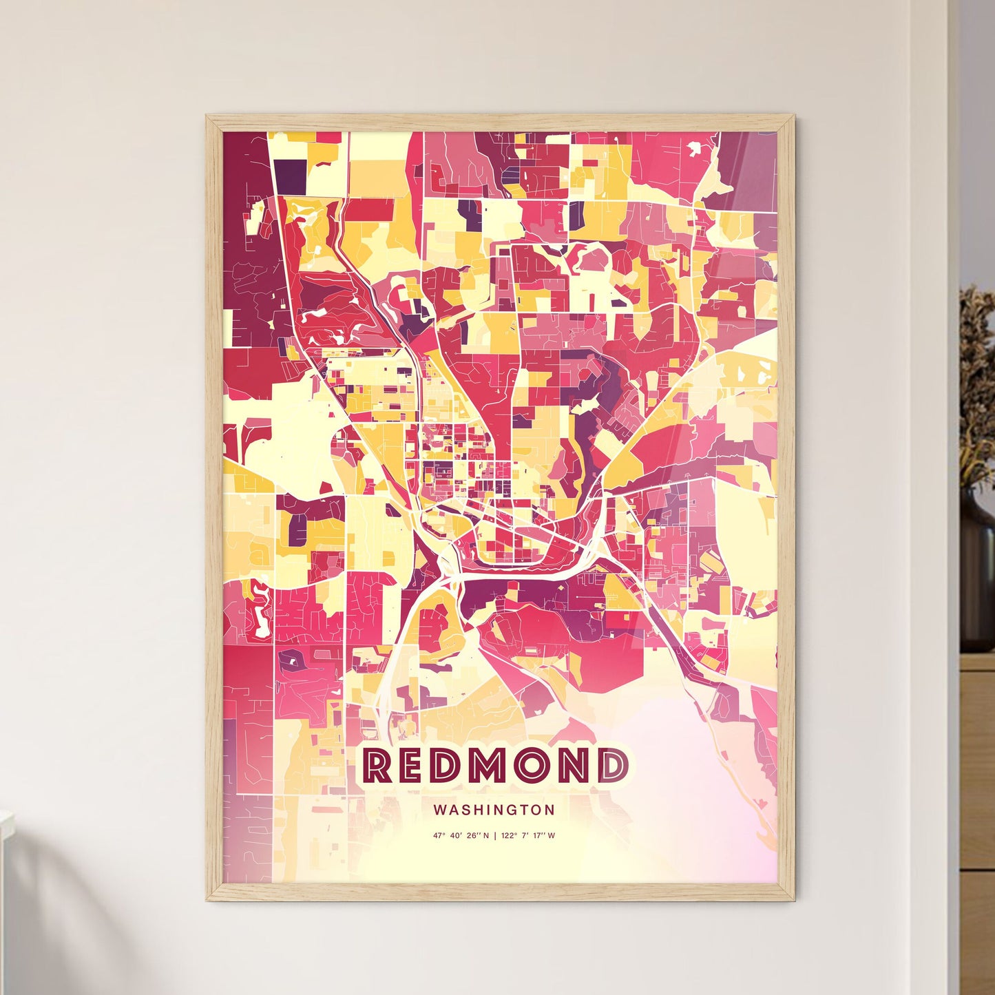 Colorful Redmond Washington Fine Art Map Hot Red