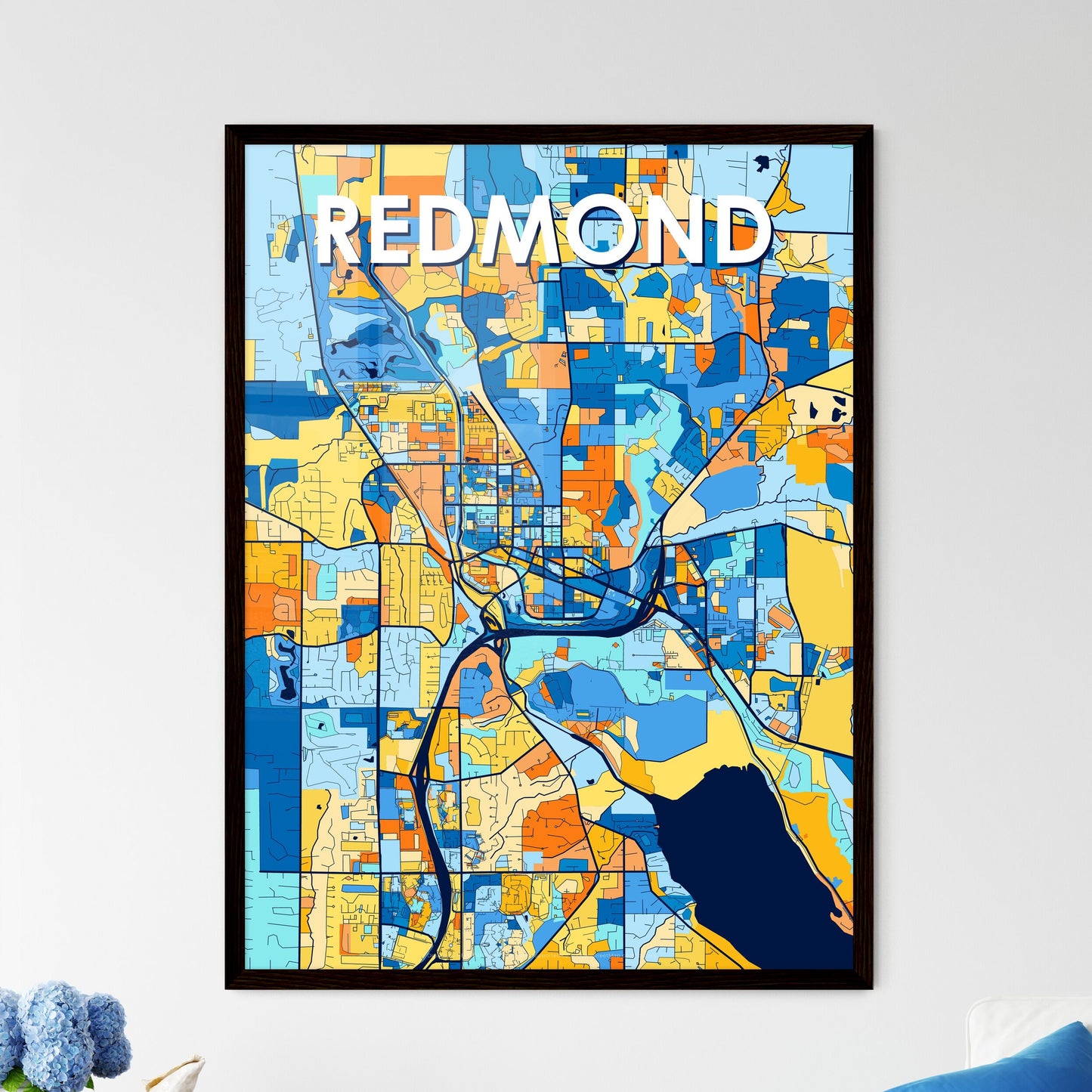 REDMOND WASHINGTON Vibrant Colorful Art Map Poster Blue Orange