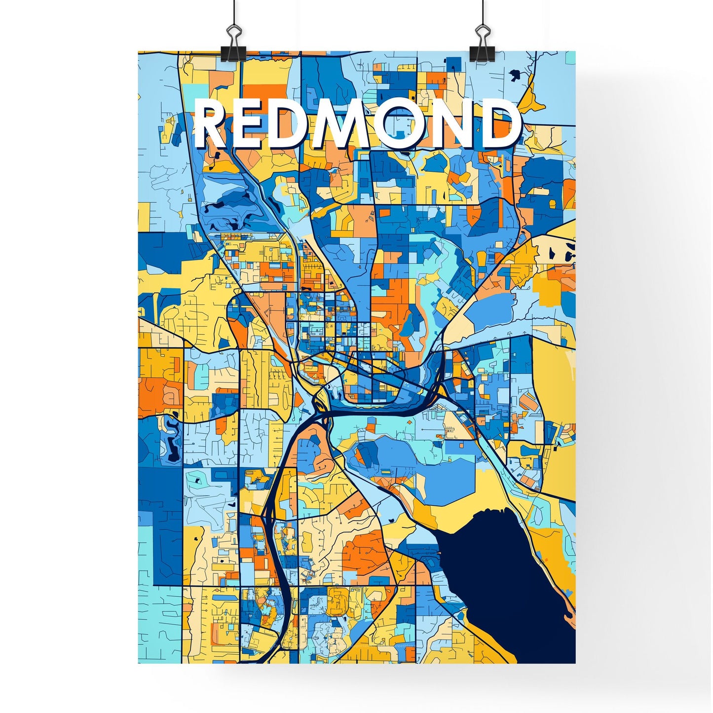 REDMOND WASHINGTON Vibrant Colorful Art Map Poster Blue Orange