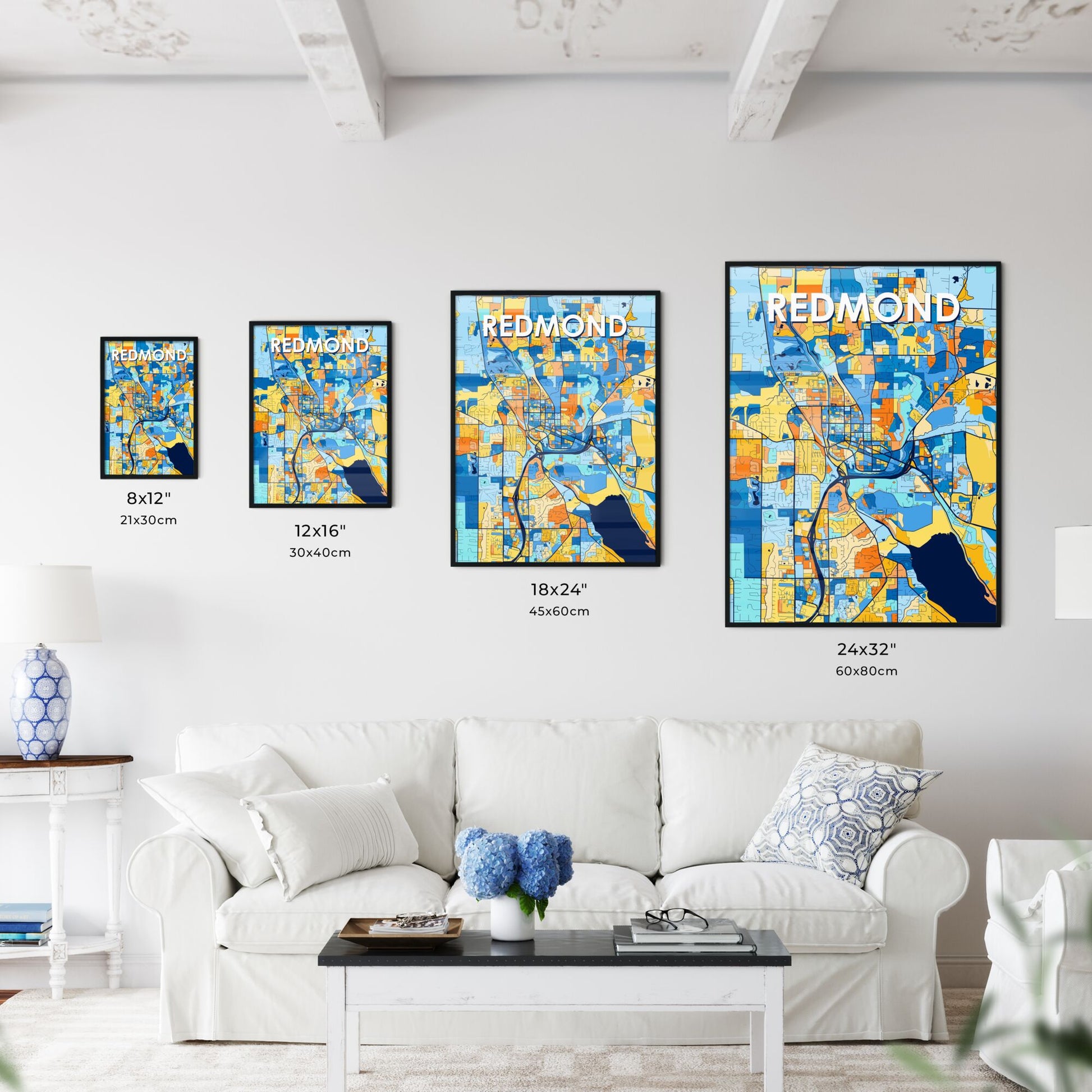 REDMOND WASHINGTON Vibrant Colorful Art Map Poster Blue Orange