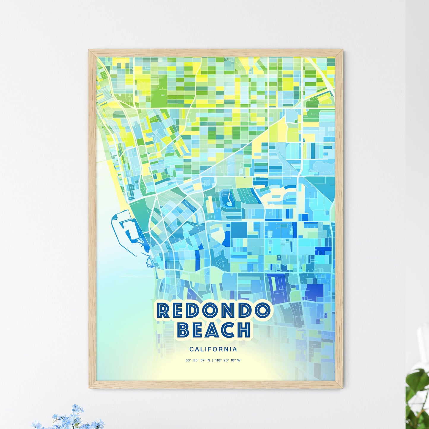 Colorful Redondo Beach California Fine Art Map Cool Blue