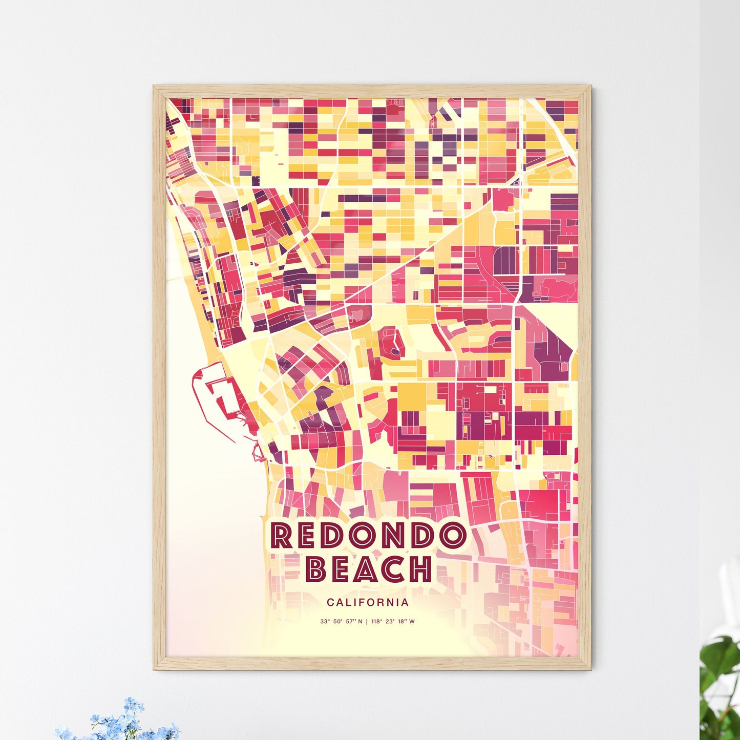 Colorful Redondo Beach California Fine Art Map Hot Red