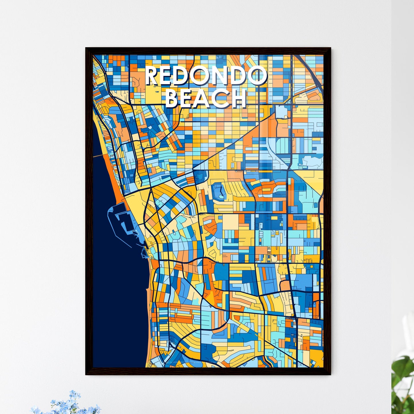 REDONDO BEACH CALIFORNIA Vibrant Colorful Art Map Poster Blue Orange