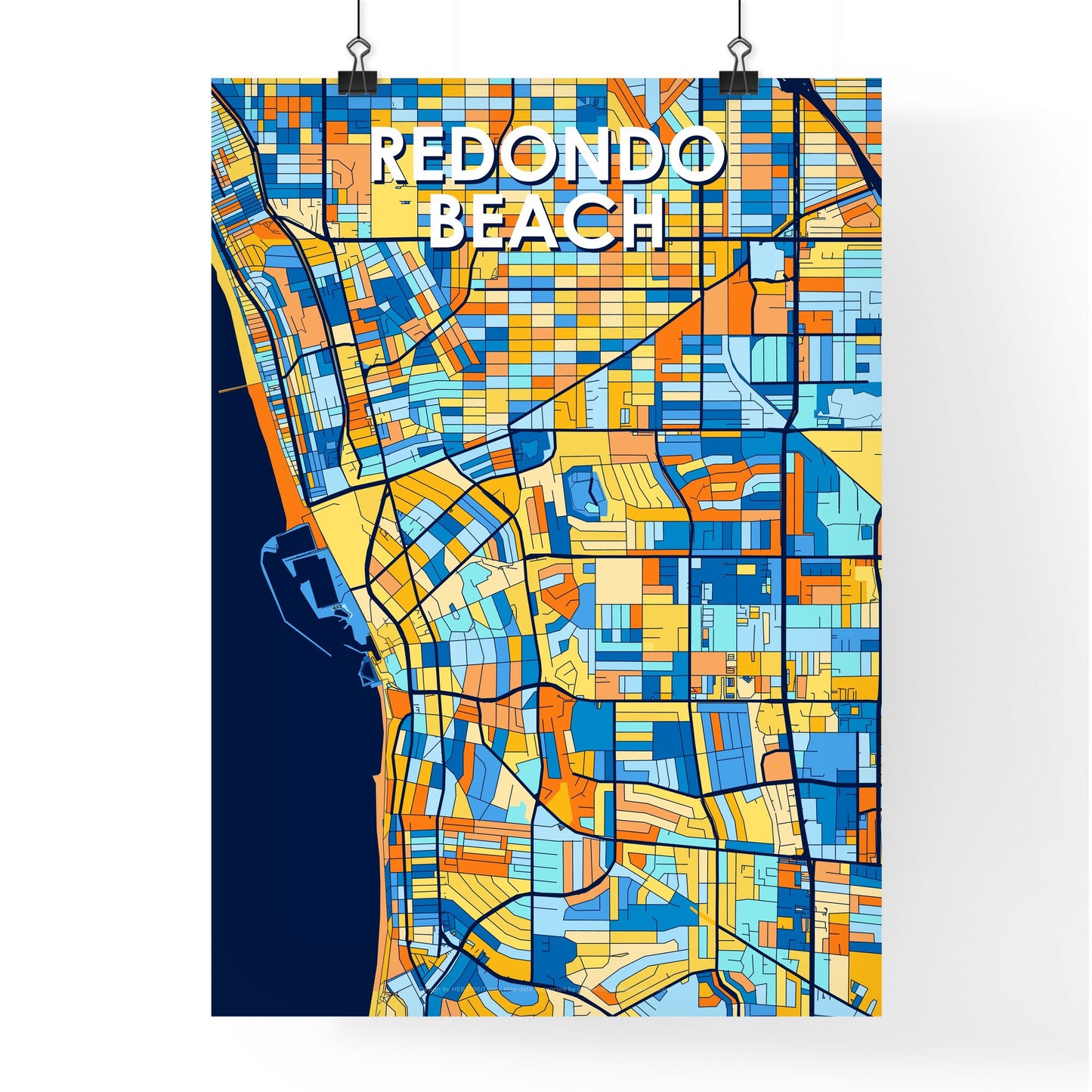 REDONDO BEACH CALIFORNIA Vibrant Colorful Art Map Poster Blue Orange