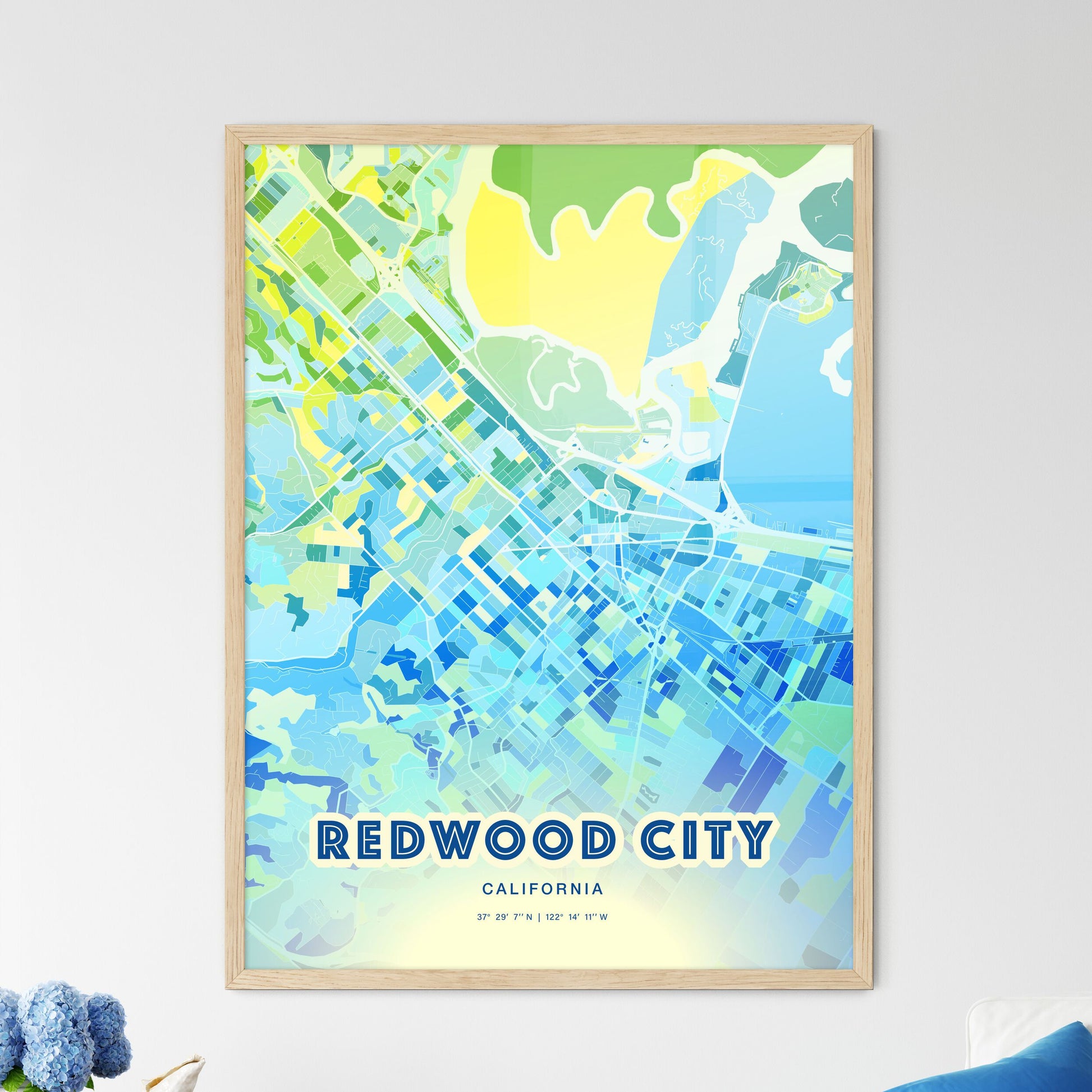Colorful Redwood City California Fine Art Map Cool Blue