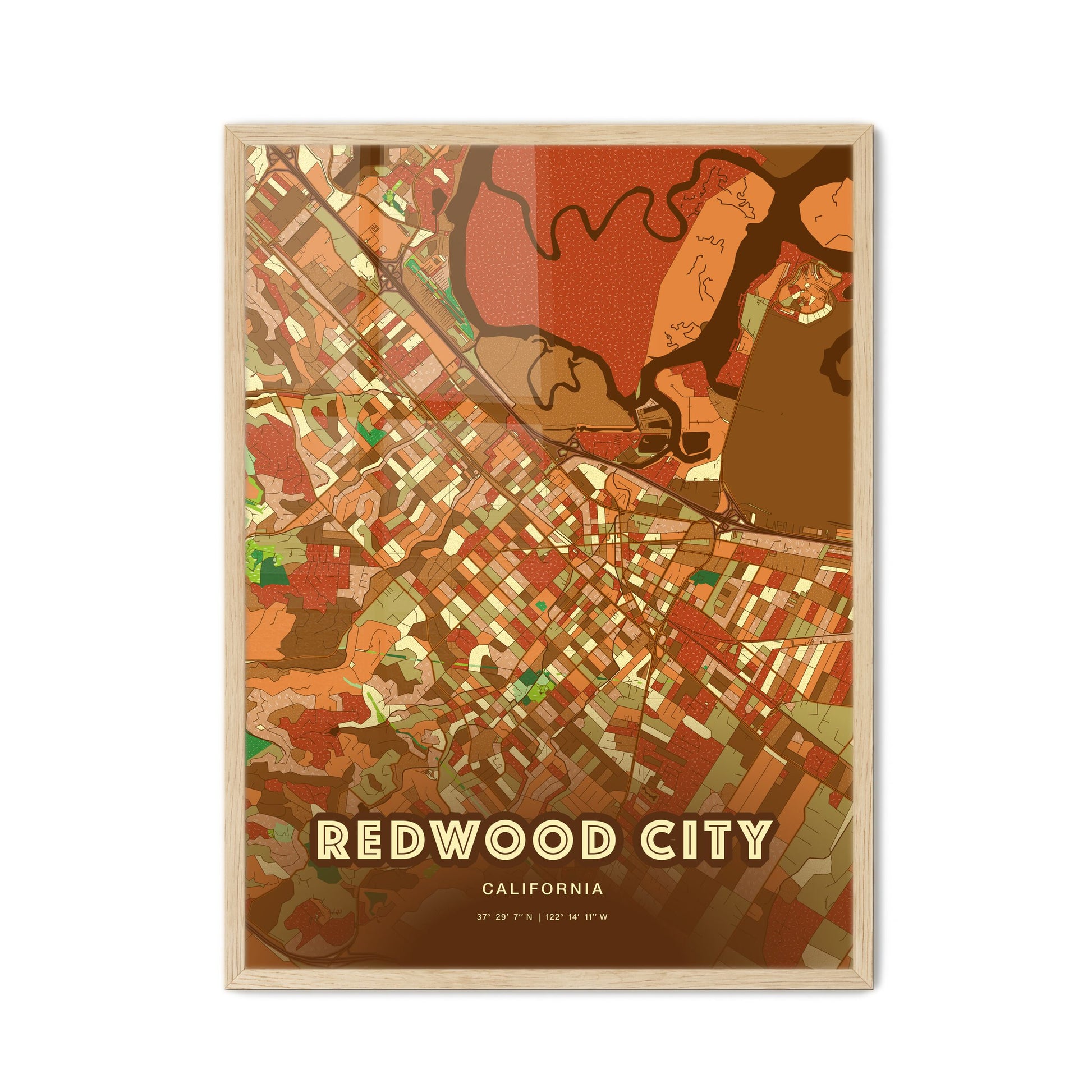 Colorful Redwood City California Fine Art Map Farmhouse