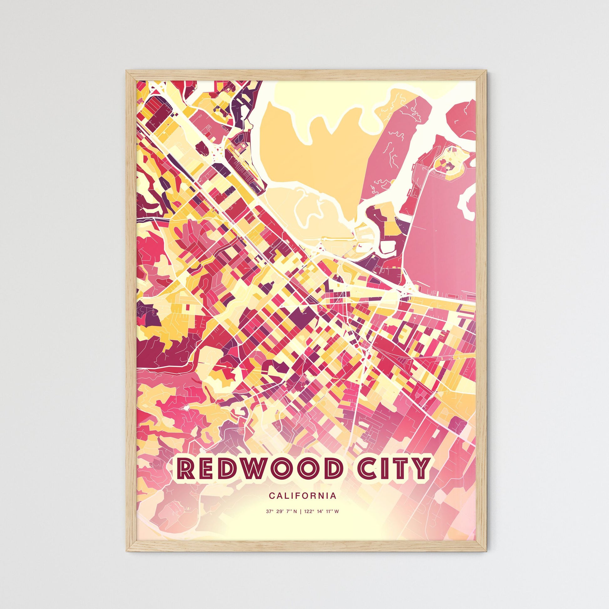 Colorful Redwood City California Fine Art Map Hot Red