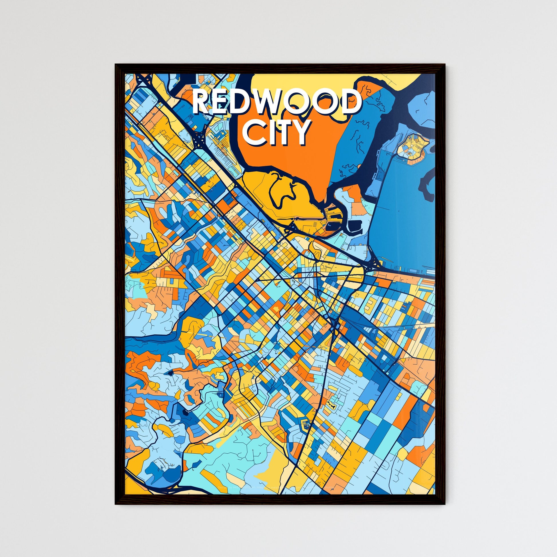 REDWOOD CITY CALIFORNIA Vibrant Colorful Art Map Poster Blue Orange