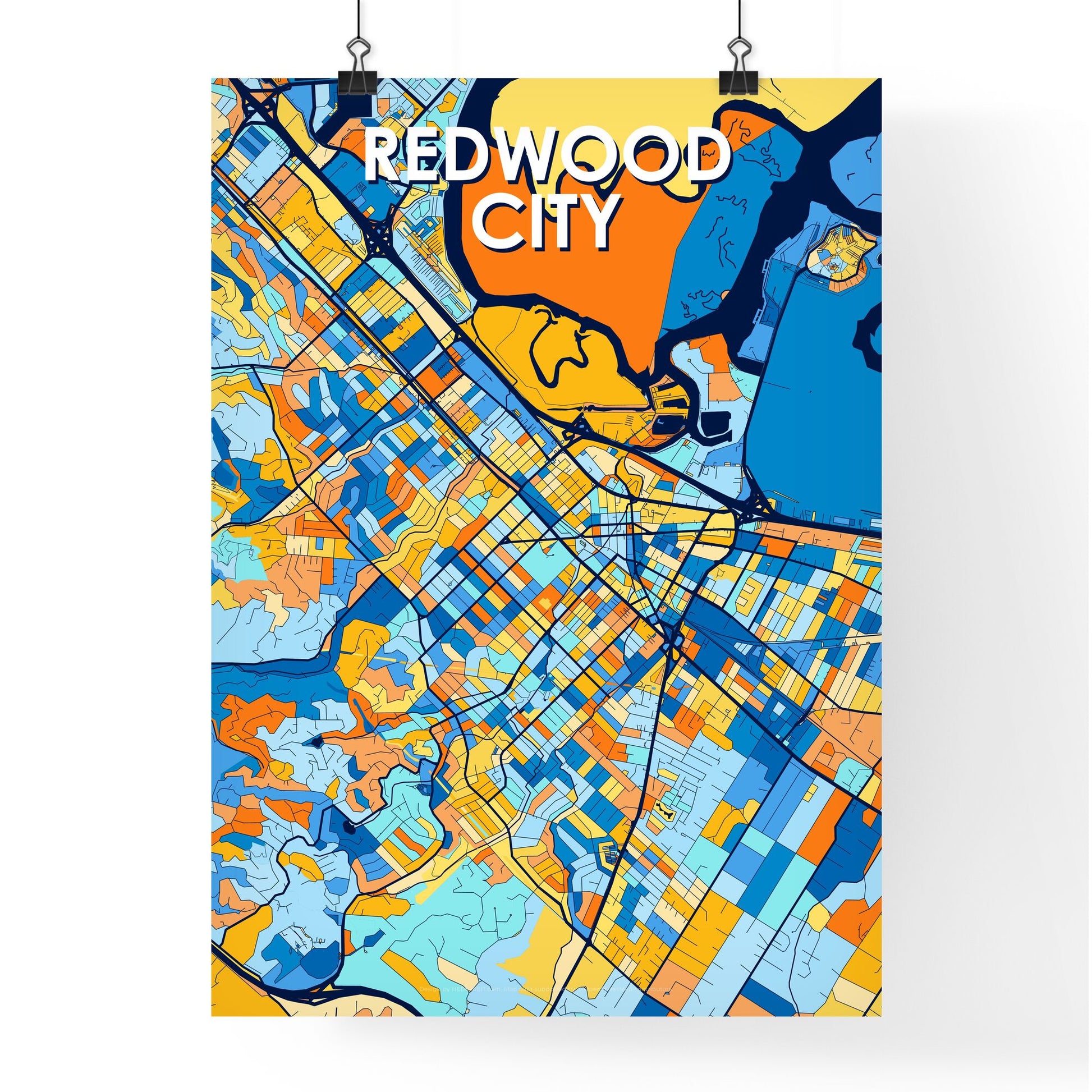 REDWOOD CITY CALIFORNIA Vibrant Colorful Art Map Poster Blue Orange